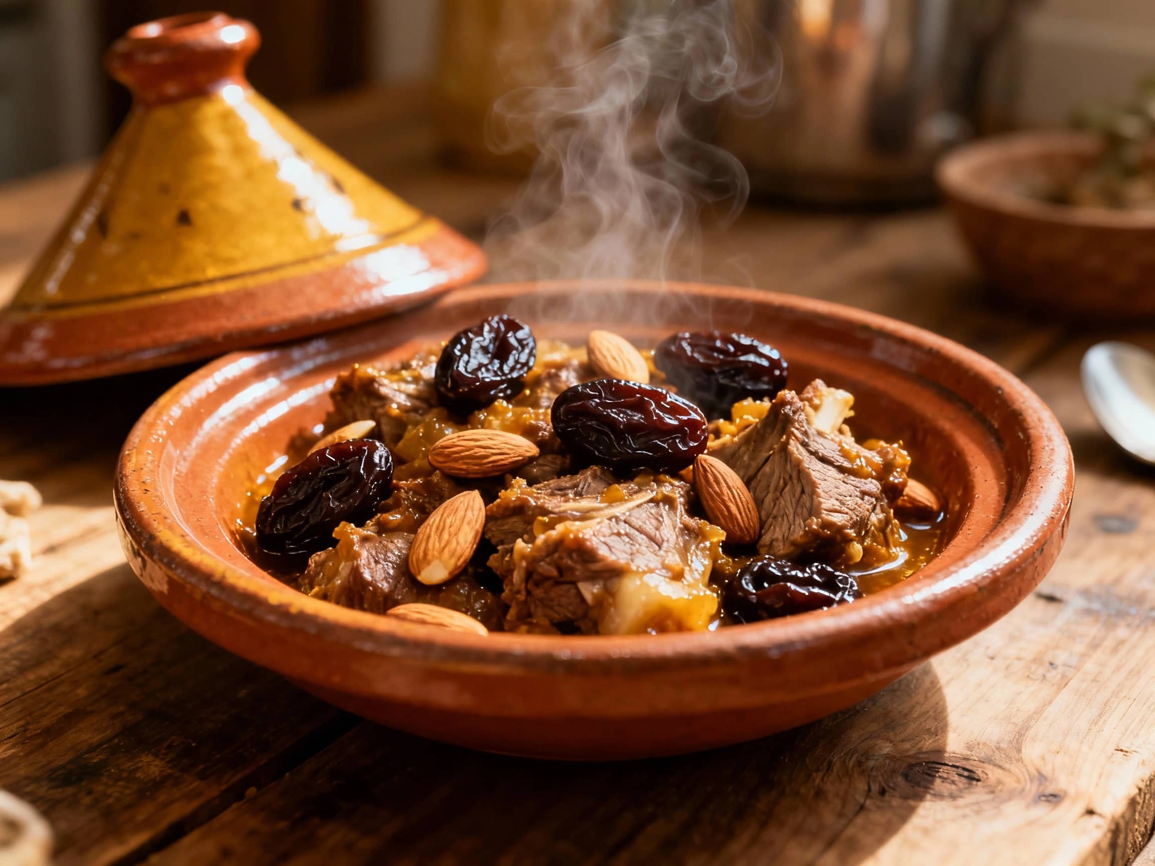 A Moroccan lamb tagine simmers in a rustic clay pot, topped with plump prunes, blanched almonds, and a scattering of fresh cilantro, bathed in warm, inviting light.
