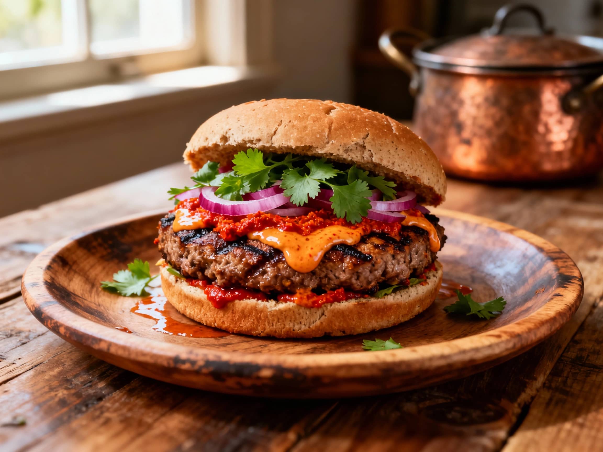 Four exquisitely prepared Moroccan-spiced grilled lamb burgers presented on a rustic wooden serving board. Each burger, nestled in a toasted brioche bun, is richly garnished with a vibrant, creamy harissa aioli, thinly sliced red onion, and fresh green mint leaves. The lamb patties exhibit enticing grill marks, suggesting their tender, juicy interior. The overall presentation is warm and inviting,