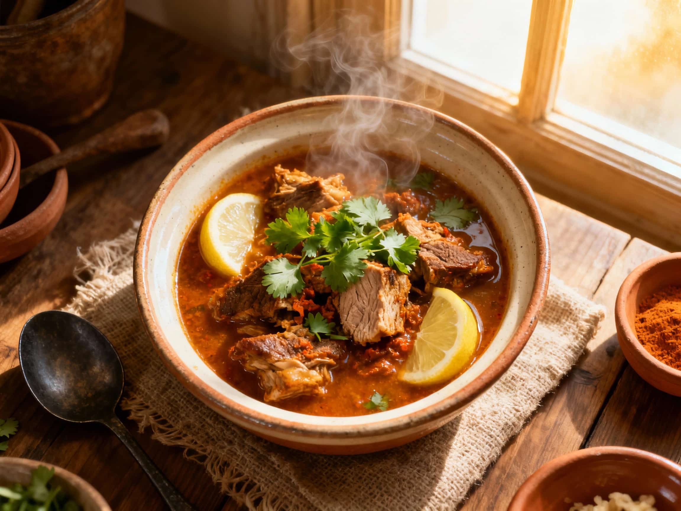 A rustic Moroccan pork shoulder stew simmers in a tagine, its rich, dark sauce glistening under warm light, garnished with fresh cilantro and a sprinkle of spices.