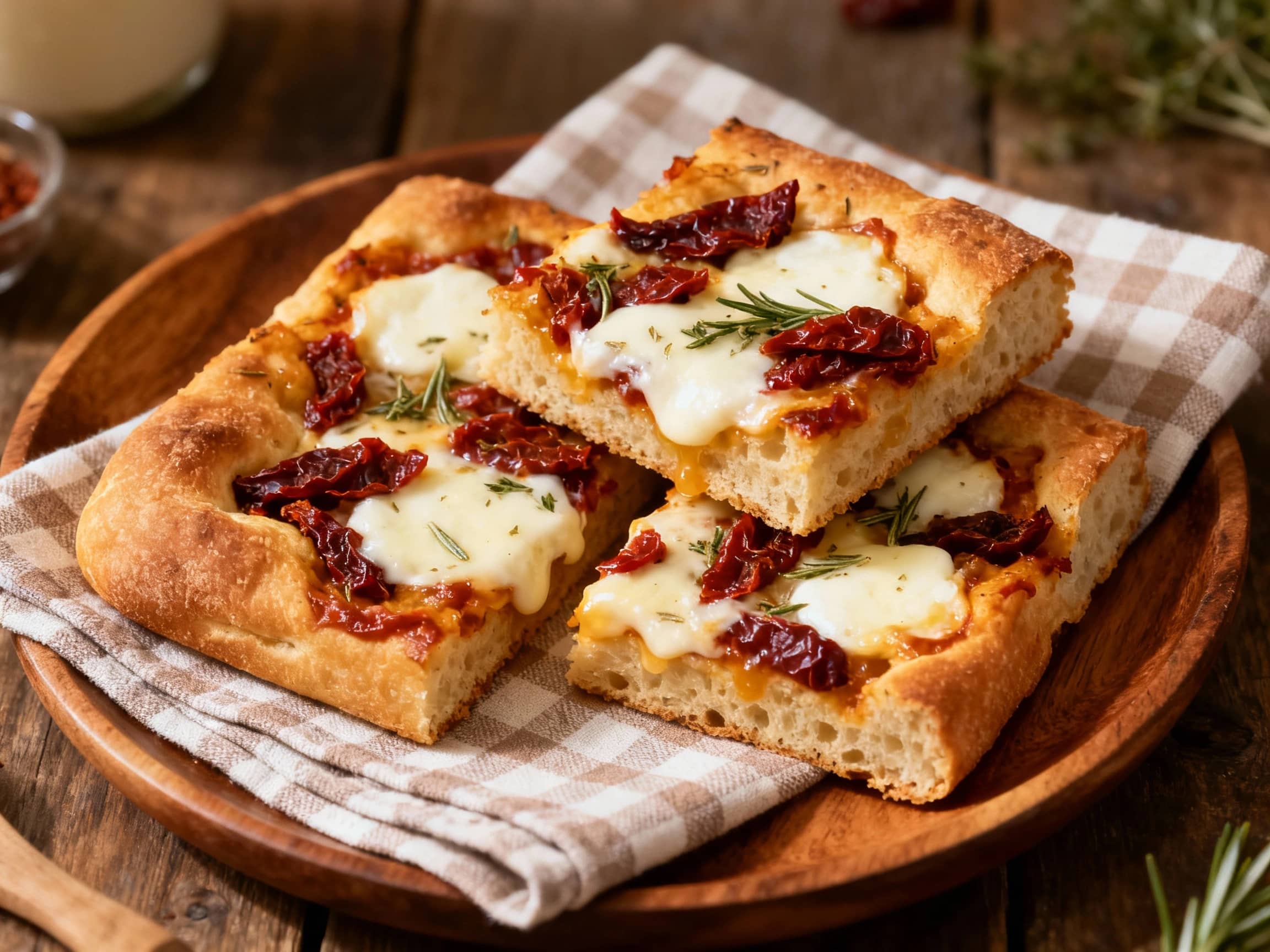 Golden-brown focaccia bars are beautifully presented on a rustic wooden board. Each bar is generously covered with melted white mozzarella cheese, bright red sun-dried tomato pieces, and green rosemary sprigs, all sprinkled with flaky sea salt. The inviting texture of the bread and the vibrant colors of the toppings are highlighted under warm lighting, suggesting a delicious and aromatic savory tr
