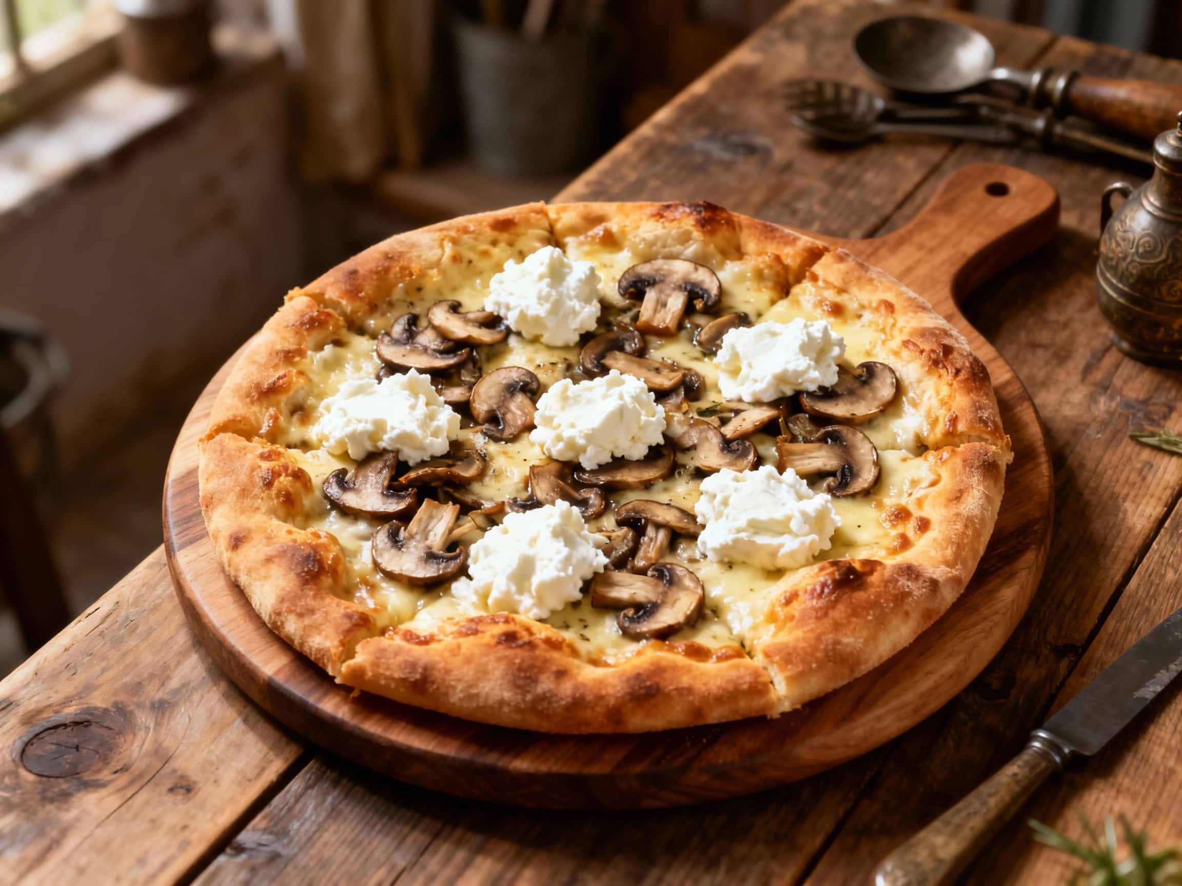 A close-up of a rectangular, hearty Sicilian Sfincione pizza, lavishly topped with golden-brown sautéed mixed mushrooms, rich caramelized onions, and creamy, sun-kissed dollops of ricotta cheese resting on a robust tomato sauce. The thick, golden focaccia-style crust is perfectly baked, showing a slight char, and the pizza is garnished with fresh green oregano, presented on a rustic wooden board,