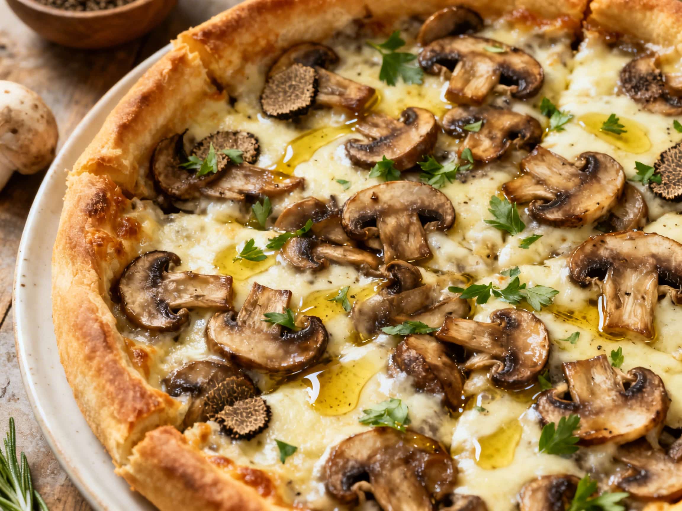Mushroom and Truffle Oil Deep Dish Pizza