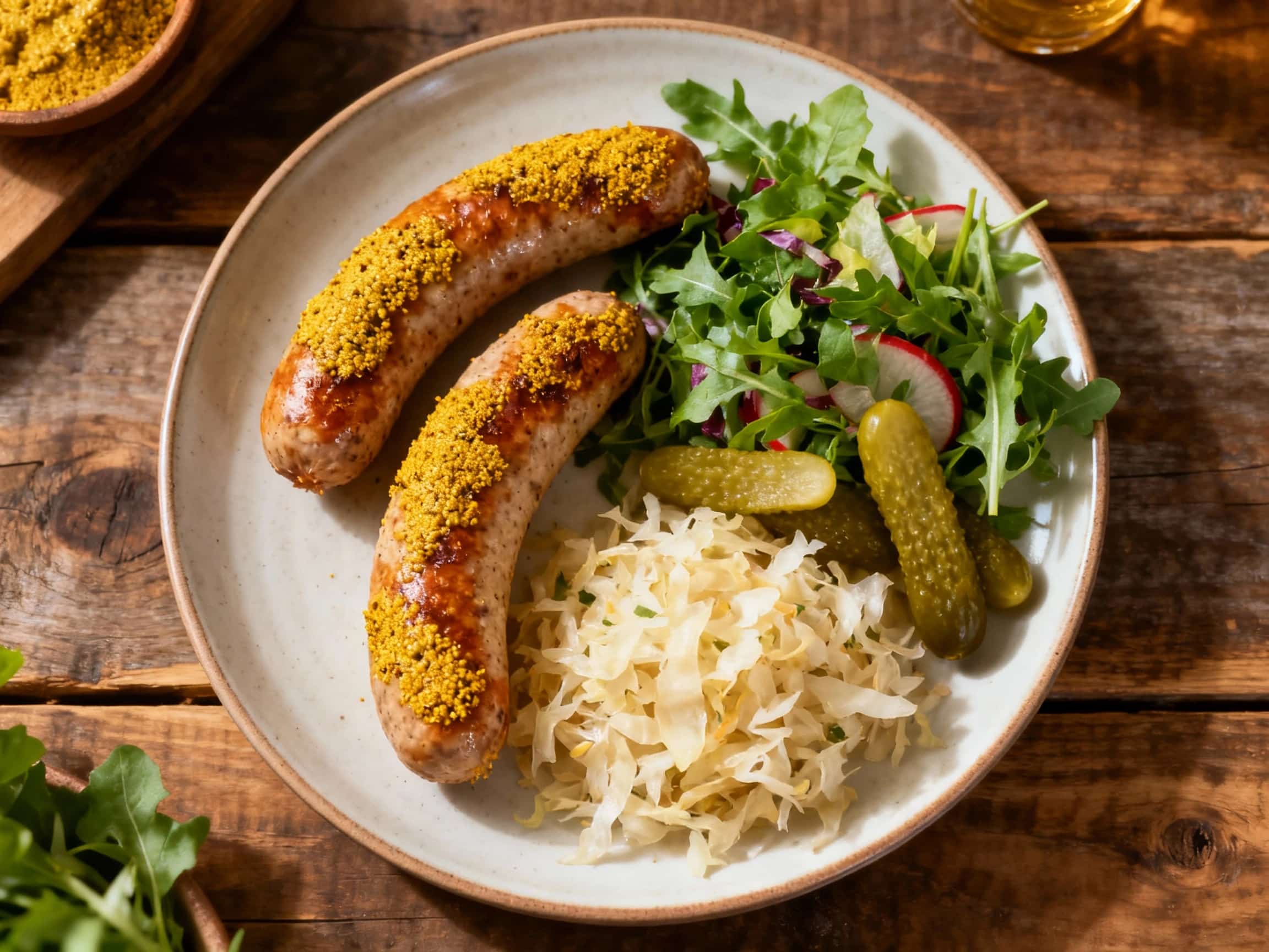 Juicy, mustard-crusted bratwurst sits atop a bed of vibrant, tangy sauerkraut salad, a perfect Oktoberfest-inspired meal.
