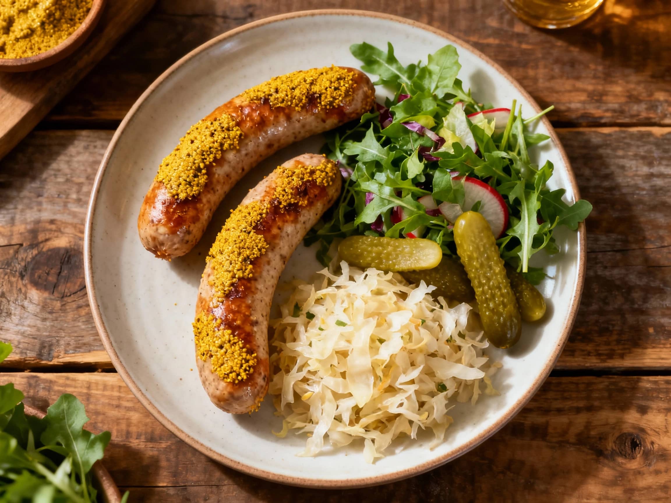 Juicy, mustard-crusted bratwurst sits atop a bed of vibrant, tangy sauerkraut salad, a perfect Oktoberfest-inspired meal.