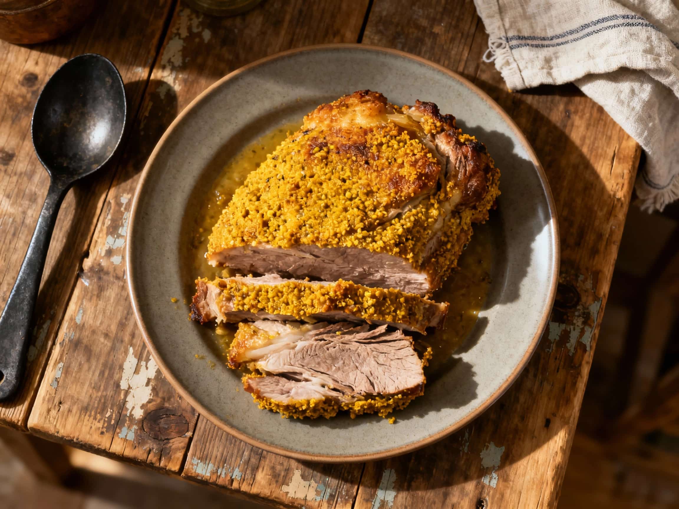 A golden-brown pork roast, generously coated in a rustic mustard crust, rests invitingly in a slow cooker, ready to be sliced and served.