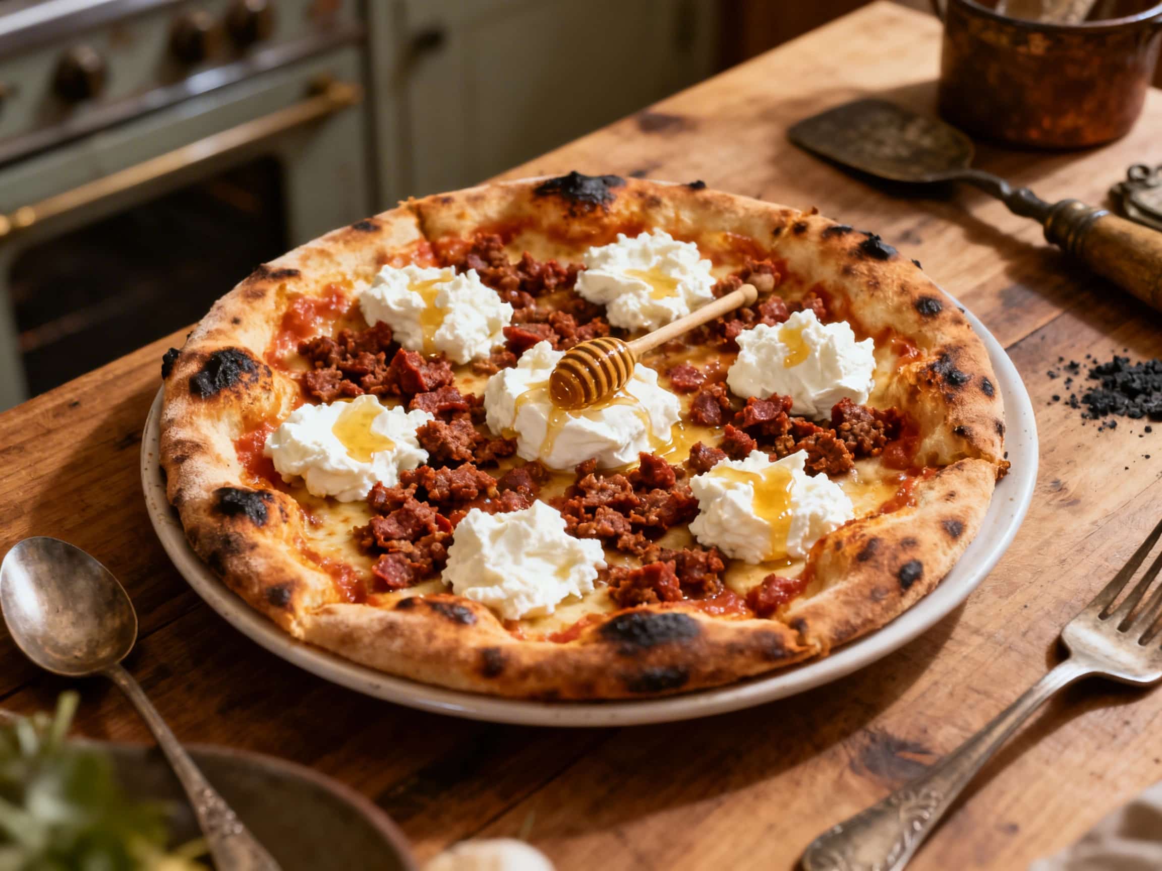 A close-up, overhead view of a freshly baked Nduja and Honey Whipped Ricotta Coal-Fired Pizza. The artisanal crust exhibits a pronounced char and blisters, characteristic of a high-heat coal oven. Spicy, reddish-orange 'nduja sausage is dotted alongside creamy, white blobs of whipped ricotta, all lightly drizzled with golden honey. Scattered fresh green basil leaves provide a vibrant contrast to t
