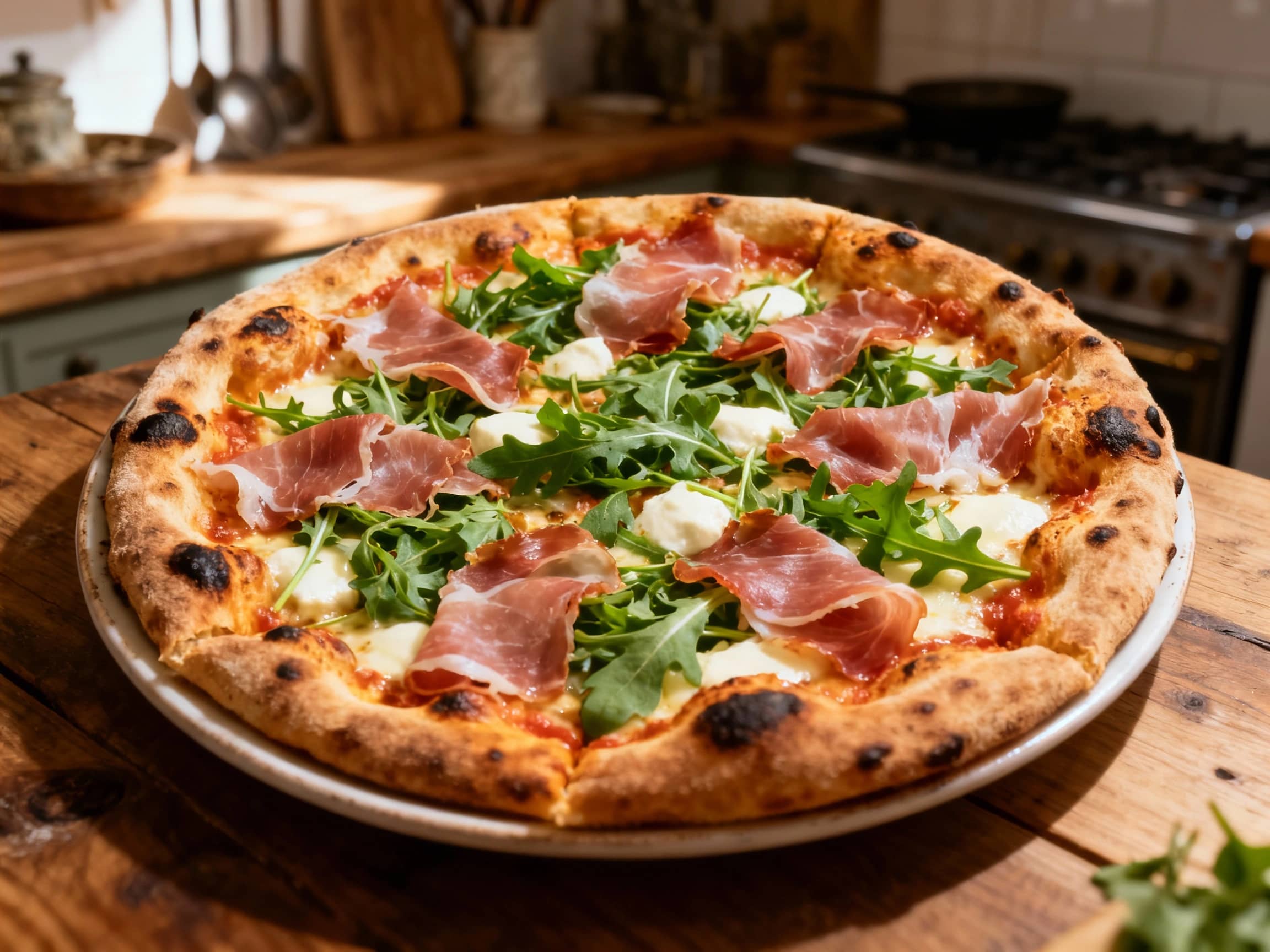 A perfectly blistered Neapolitan pizza, topped with fresh mozzarella, vibrant red tomato sauce, delicate prosciutto, and peppery arugula, is artfully plated and ready for enjoyment.