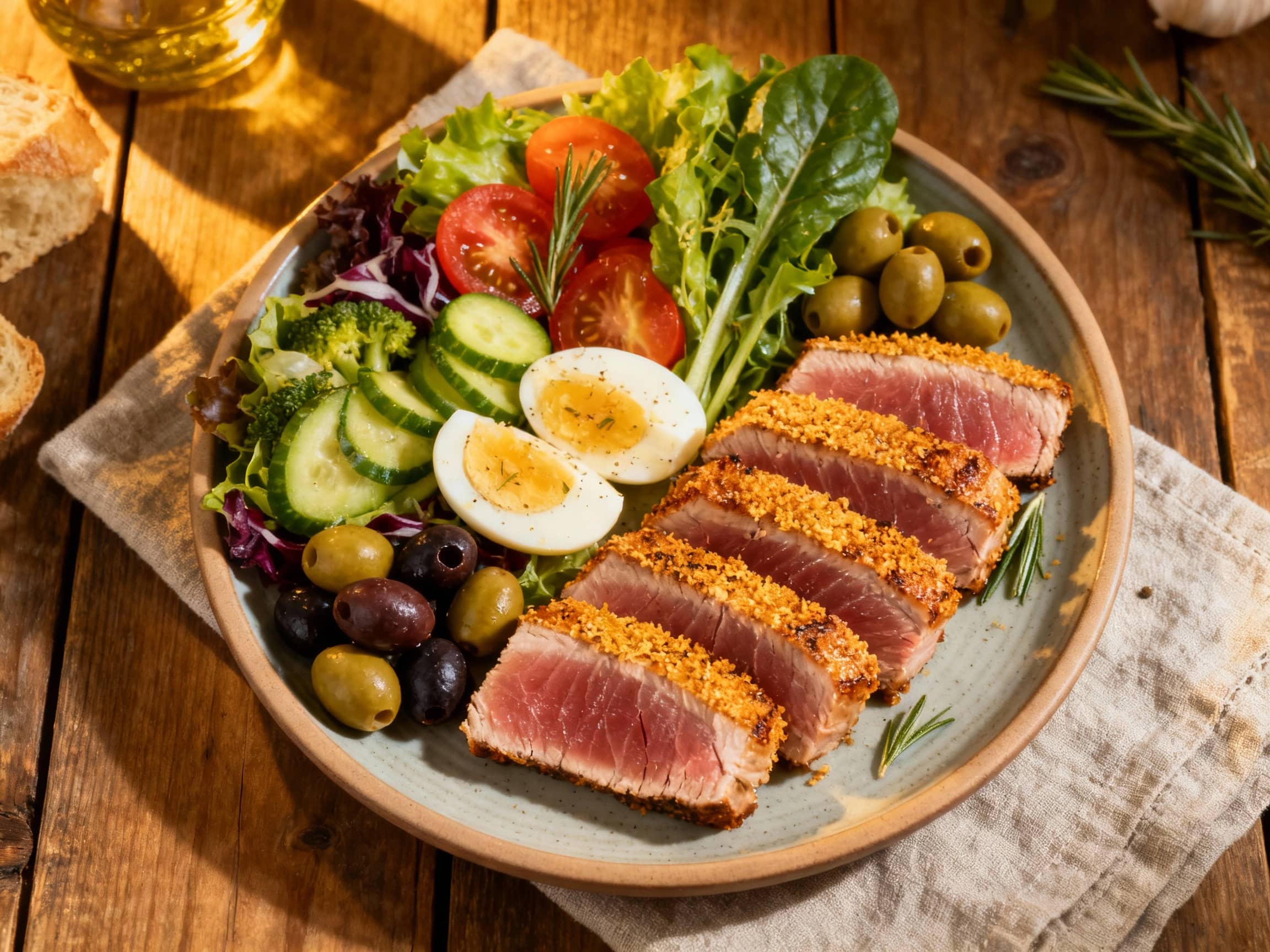 A colorful Niçoise mezze platter features vibrant tuna steaks nestled among olives, cherry tomatoes, green beans, and hard-boiled eggs, all artfully arranged for a fresh Mediterranean feast.