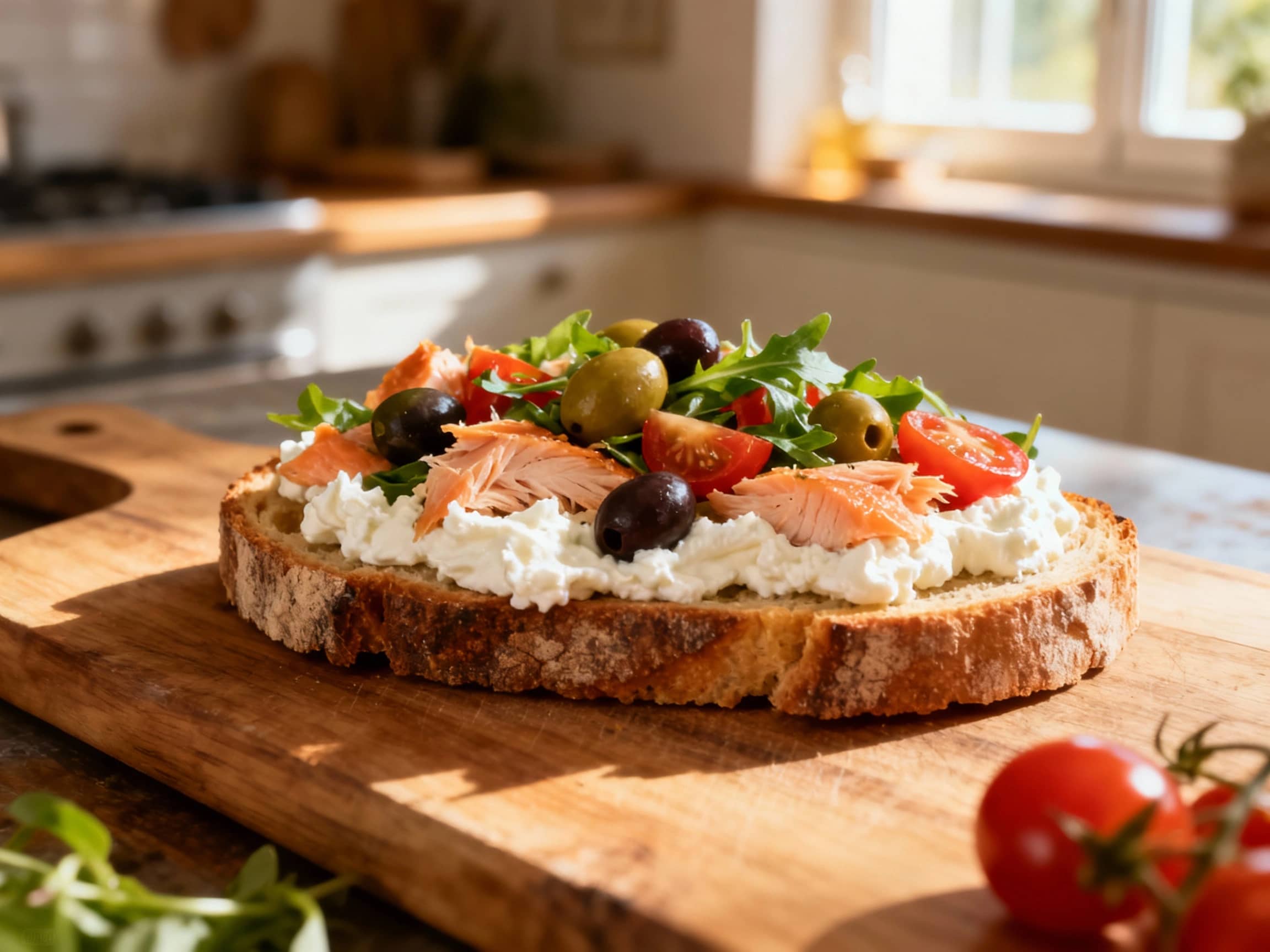 A vibrant Niçoise salmon tartine sits on a rustic wooden board, stacked high with flaked salmon, olives, and a dollop of creamy whipped ricotta, all artfully arranged for a sophisticated bite.