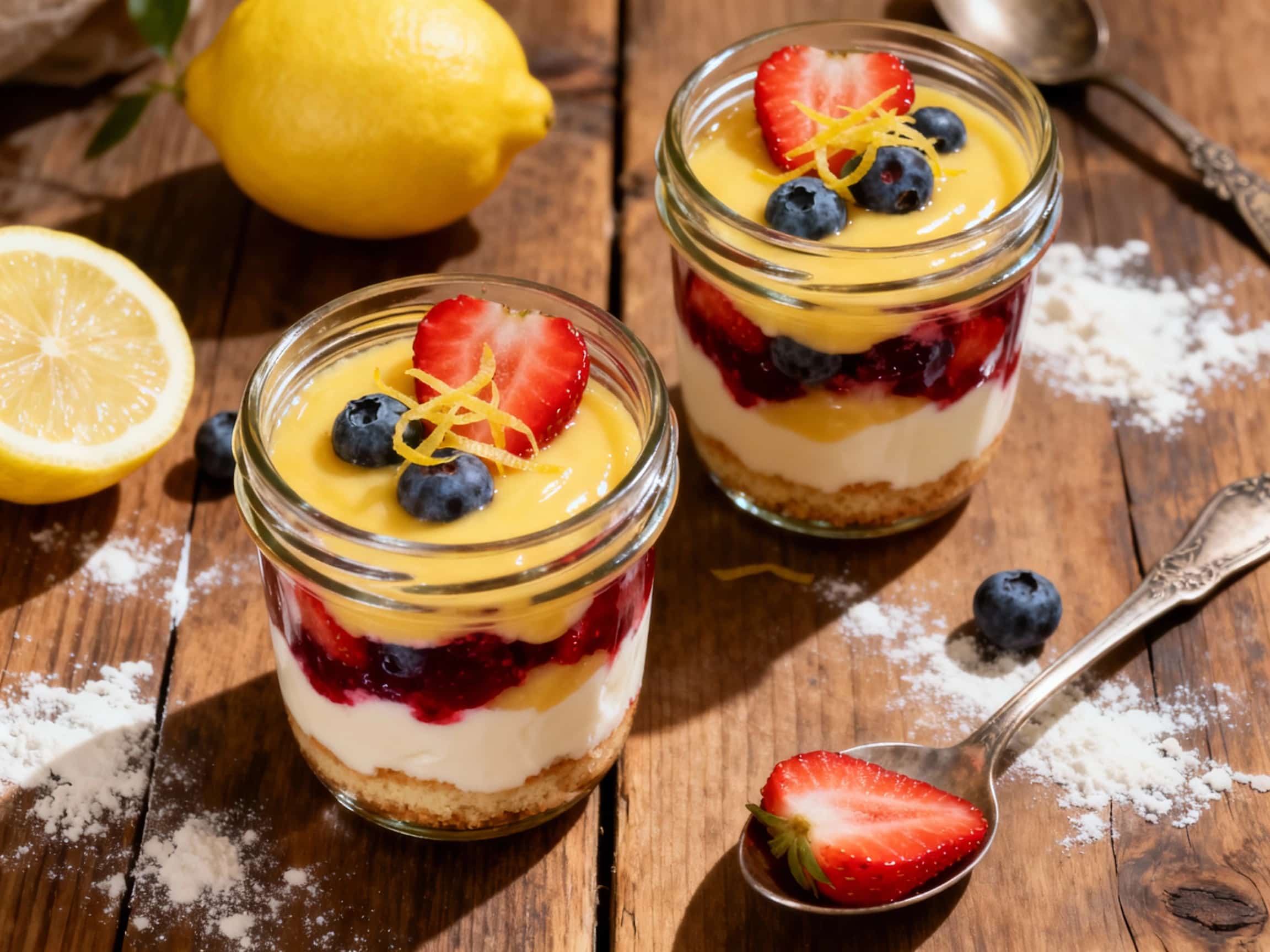 A collection of six no-bake lemon-berry sernik parfaits served in clear glasses. Each parfait showcases distinct layers of white creamy filling, golden crumbs, and colorful red and blue berries, presented as a delightful dessert option.