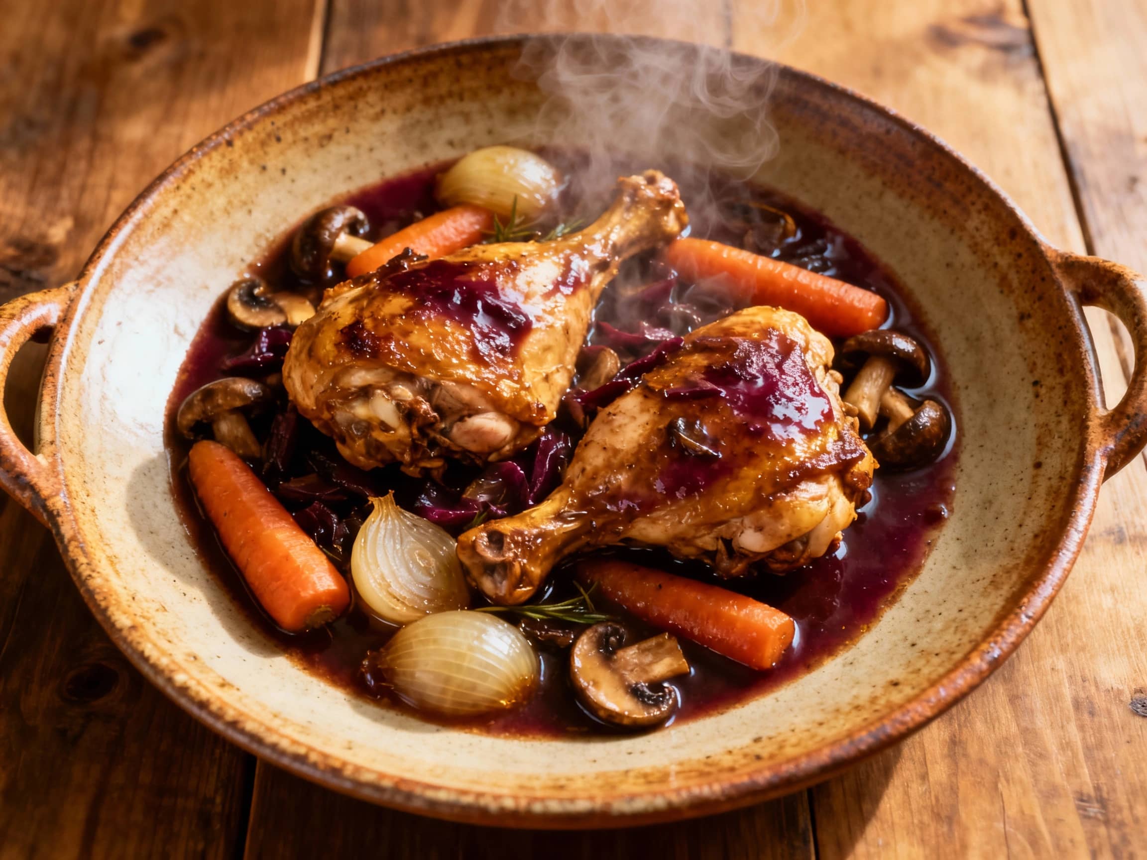 Tender, braised chicken thighs swim in a rich, dark red wine sauce with mushrooms and pearl onions, glistening under warm light.