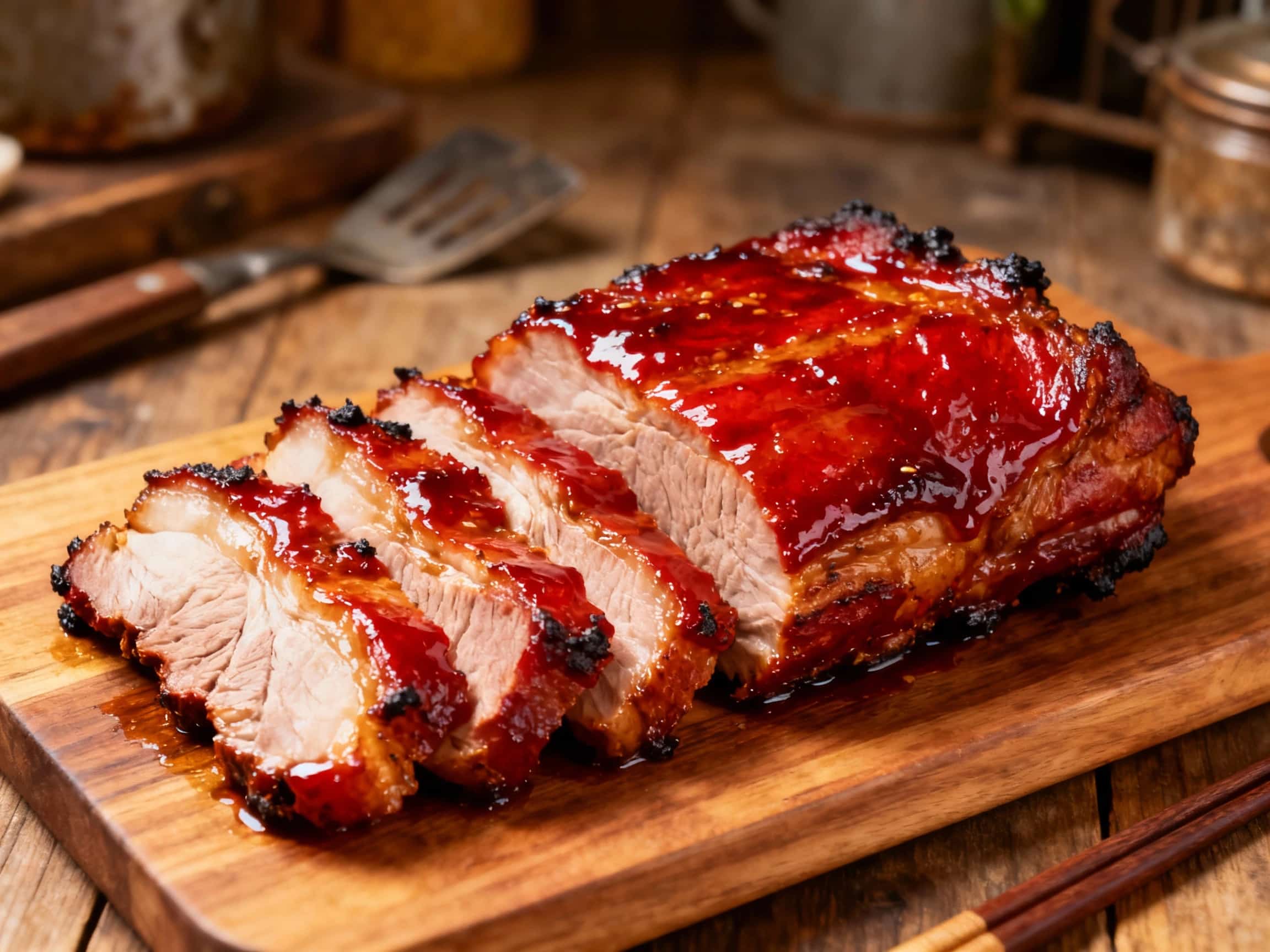 Tender, glistening char siu pork shoulder, roasted to a beautiful mahogany, sits in a shallow ceramic dish, ready to be sliced and served.