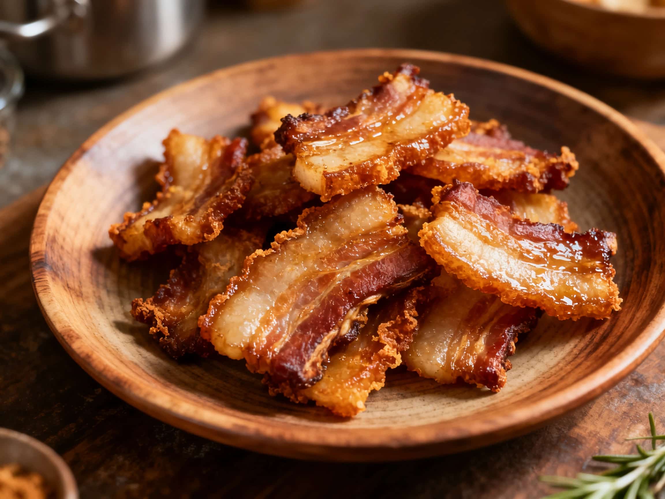 A close-up, mouth-watering image of golden-brown, crispy oven-baked Torreznos, exhibiting their characteristic puffed and bubbly skin. The pieces of pork belly are arranged on a dark wooden board, showcasing their rich texture and inviting appearance, suitable for a Spanish tapas bar.