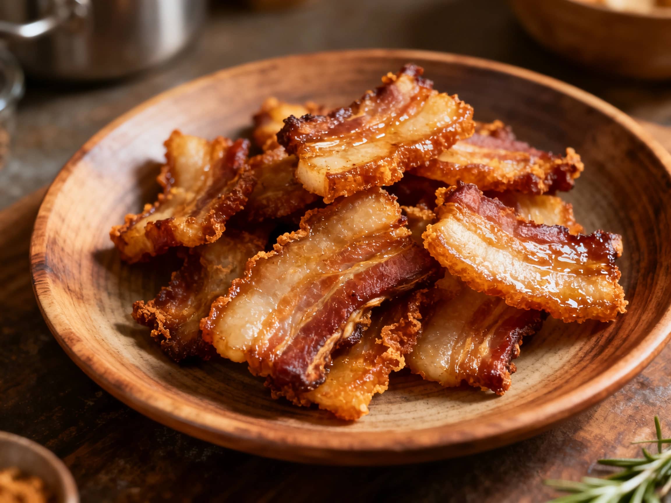 A close-up, mouth-watering image of golden-brown, crispy oven-baked Torreznos, exhibiting their characteristic puffed and bubbly skin. The pieces of pork belly are arranged on a dark wooden board, showcasing their rich texture and inviting appearance, suitable for a Spanish tapas bar.