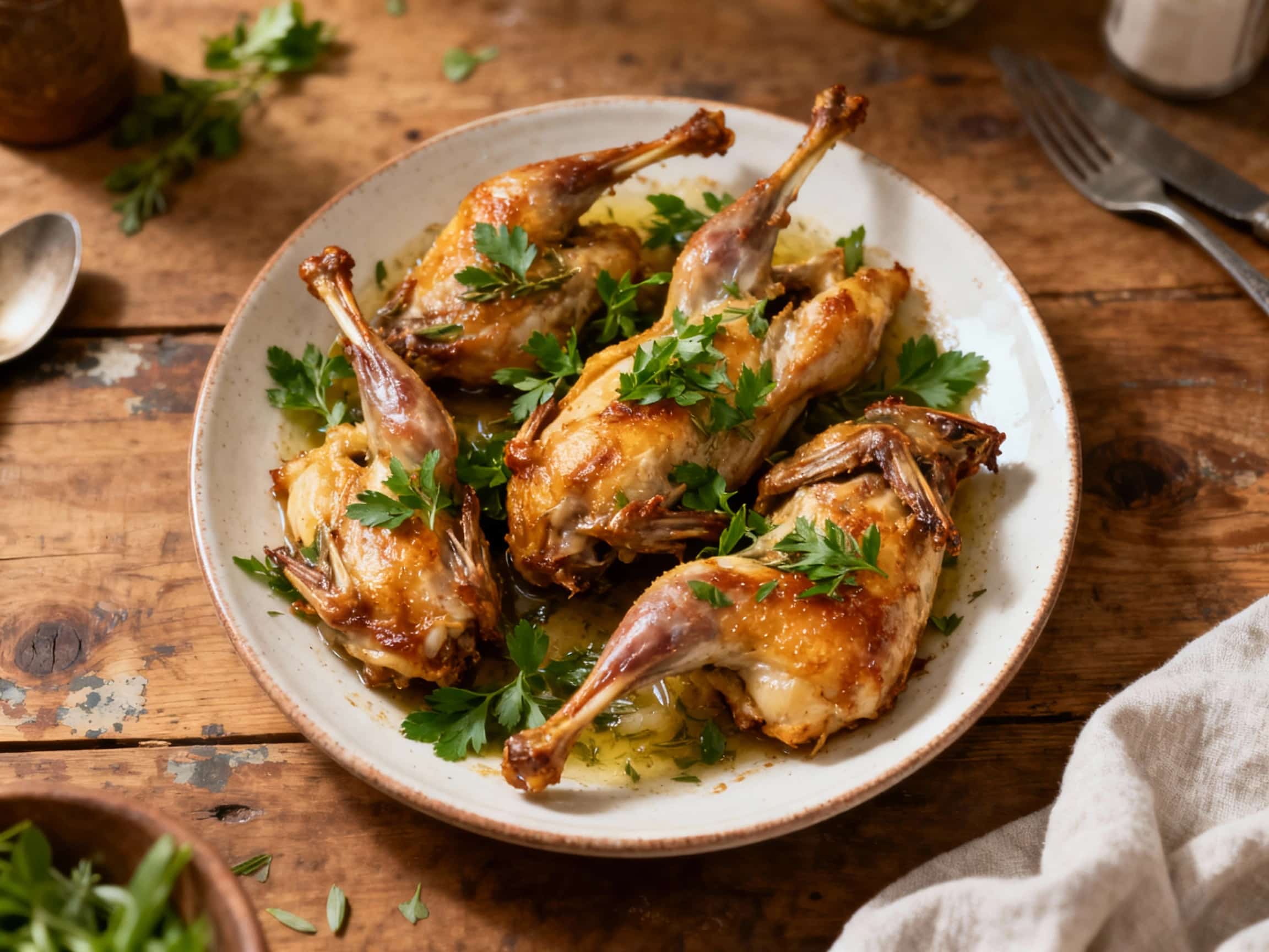 Tender, oven-baked rabbit pieces are glistening with herbs and spices, presented attractively on a rustic plate, ready to be enjoyed.