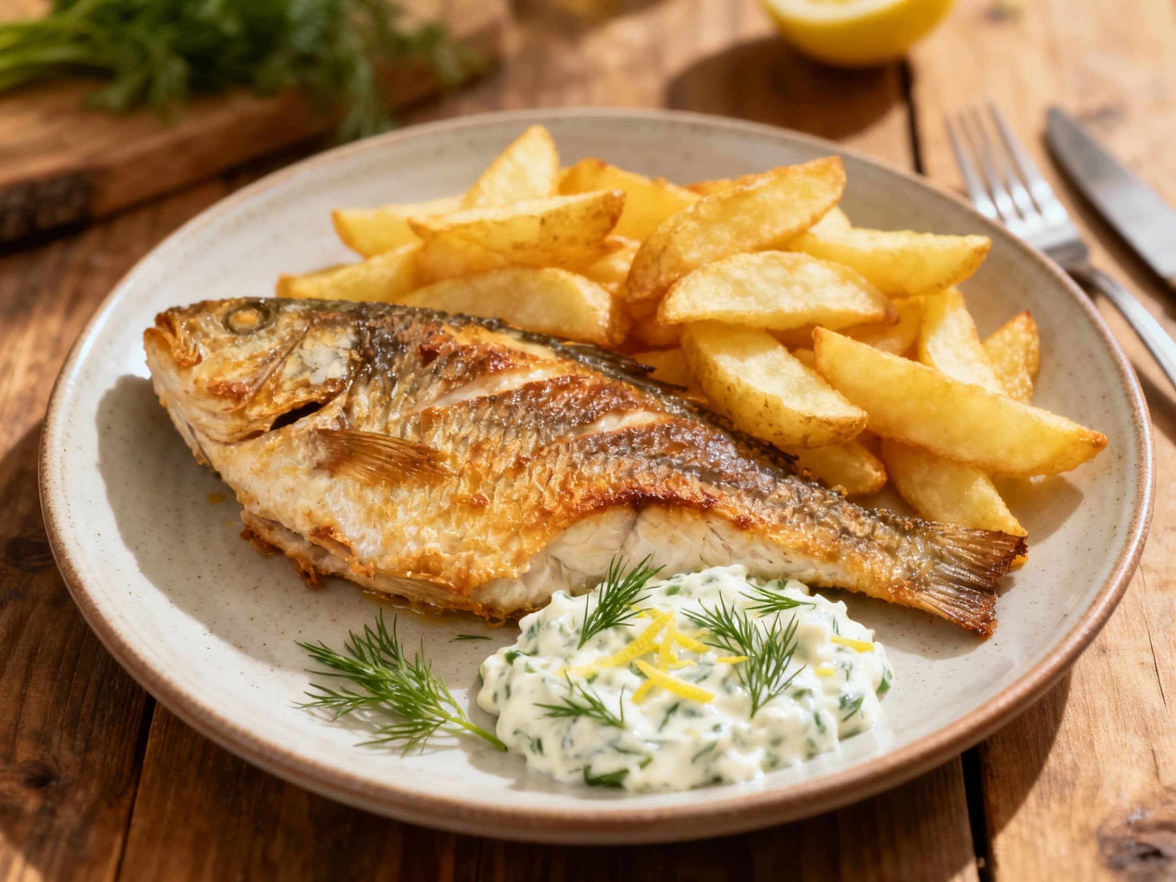 Golden-brown baked fish fillets and crispy oven fries are artfully arranged on a rustic platter, topped with fresh dill sprigs and lemon wedges, ready to be dipped in creamy tartar sauce.