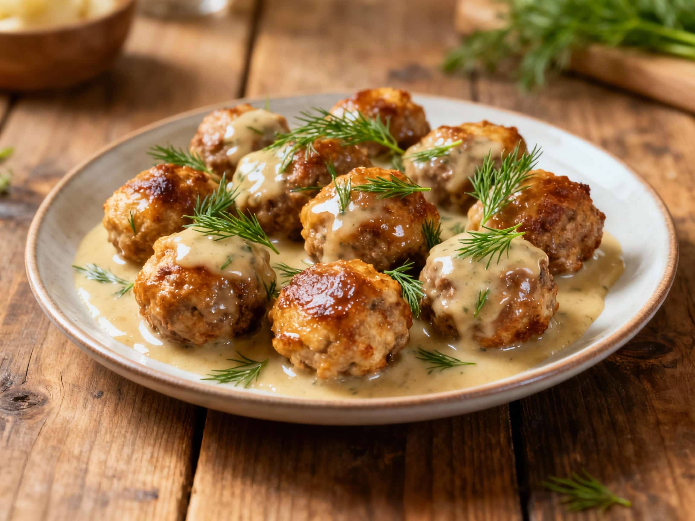 Golden-brown, juicy Swedish meatballs glisten in creamy dill gravy, artfully plated with a sprinkle of fresh dill and served in a rustic, warmly lit kitchen setting.