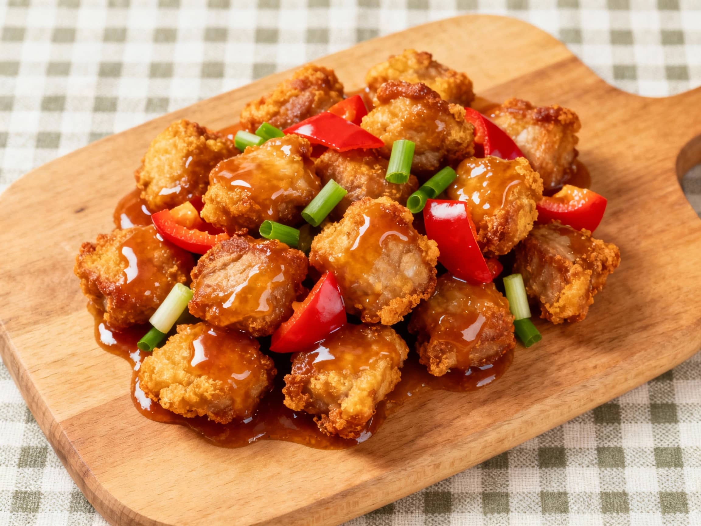 Golden-brown, crispy sweet and sour pork bites are glistening with sauce on a white serving platter, garnished with fresh green parsley and vibrant red bell pepper slices.
