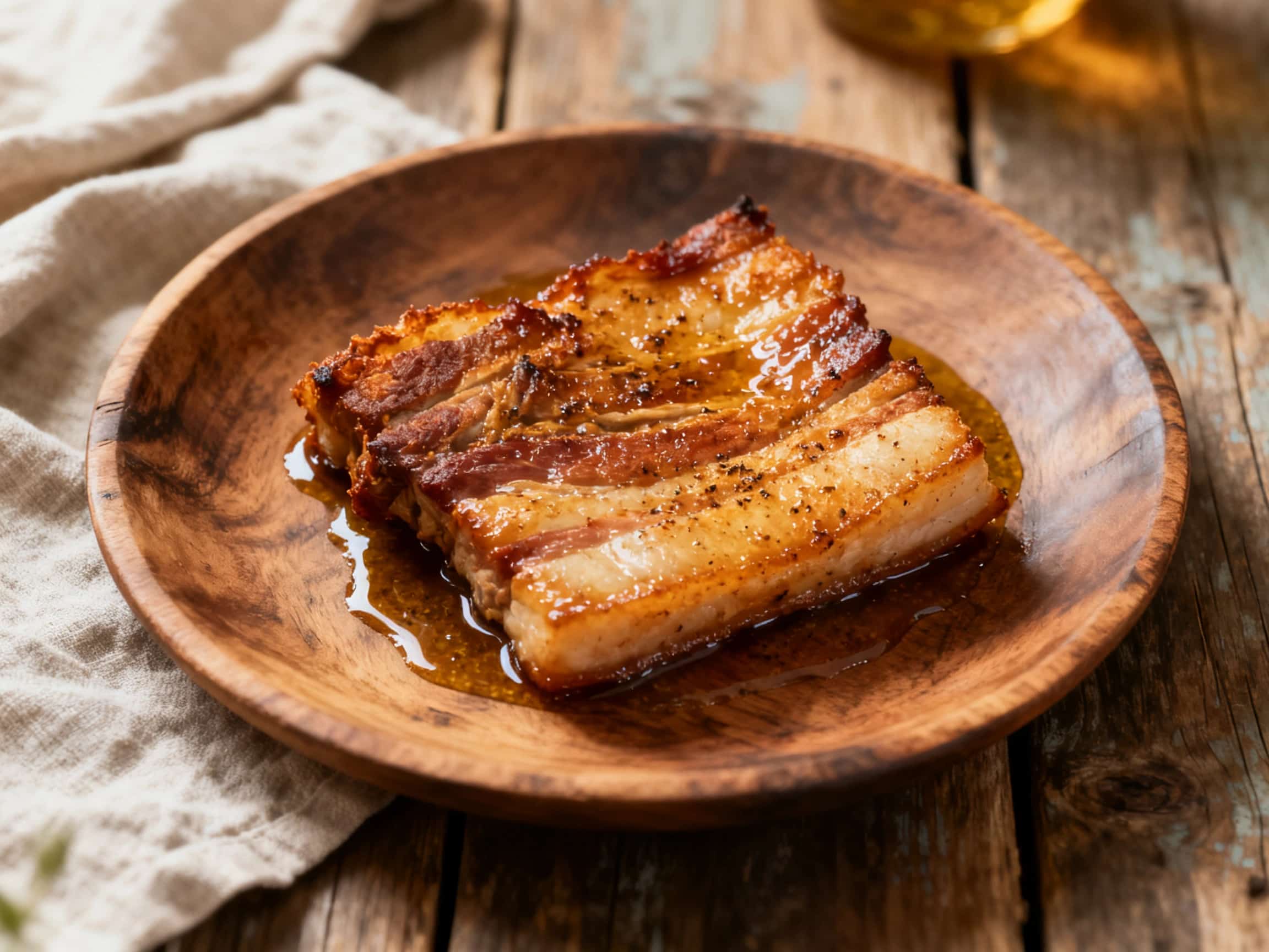 Close-up of golden-brown, crispy Oven-Baked Torrezno strips on a wooden board, showcasing the crunchy skin and tender meat layers, with a rosemary garnish and a soft, warm light.