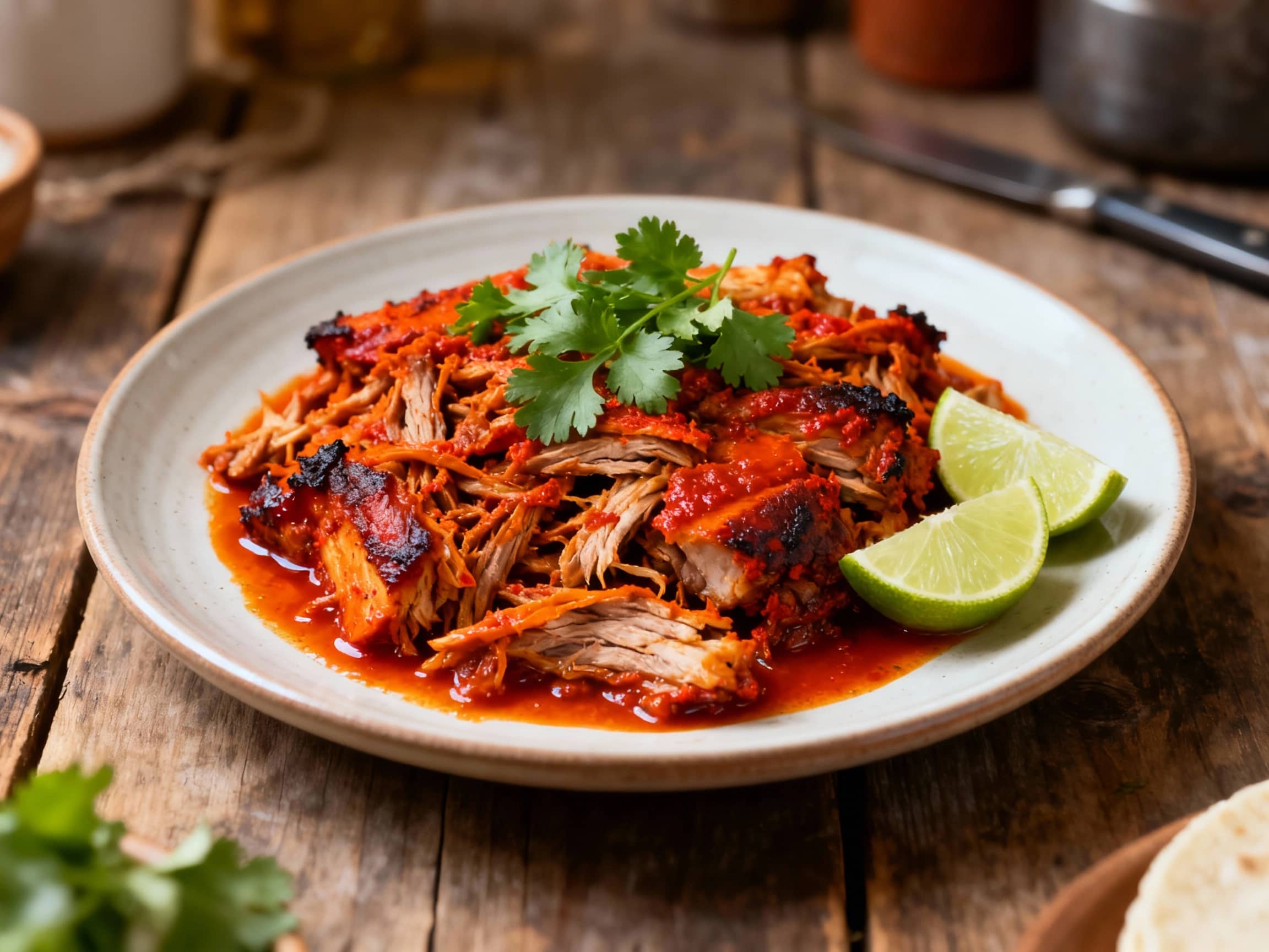 Tender, shredded cochinita pibil with a rich, reddish-orange hue is generously piled onto a rustic platter, garnished with vibrant pickled red onions and fresh cilantro, ready to be enjoyed.