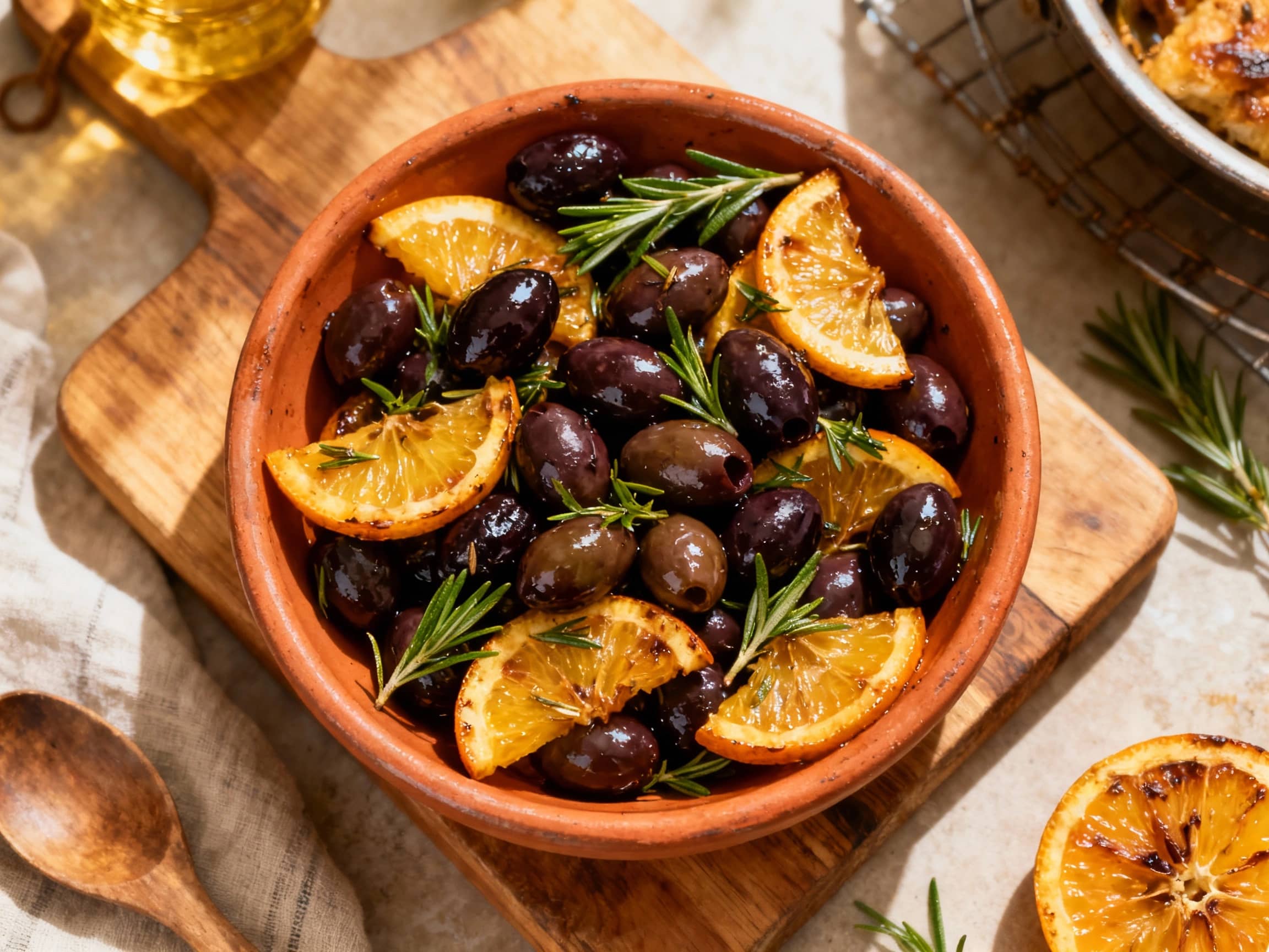 Warm Kalamata olives glisten under golden light, tossed with fresh herbs and bright citrus slices before roasting to perfection.