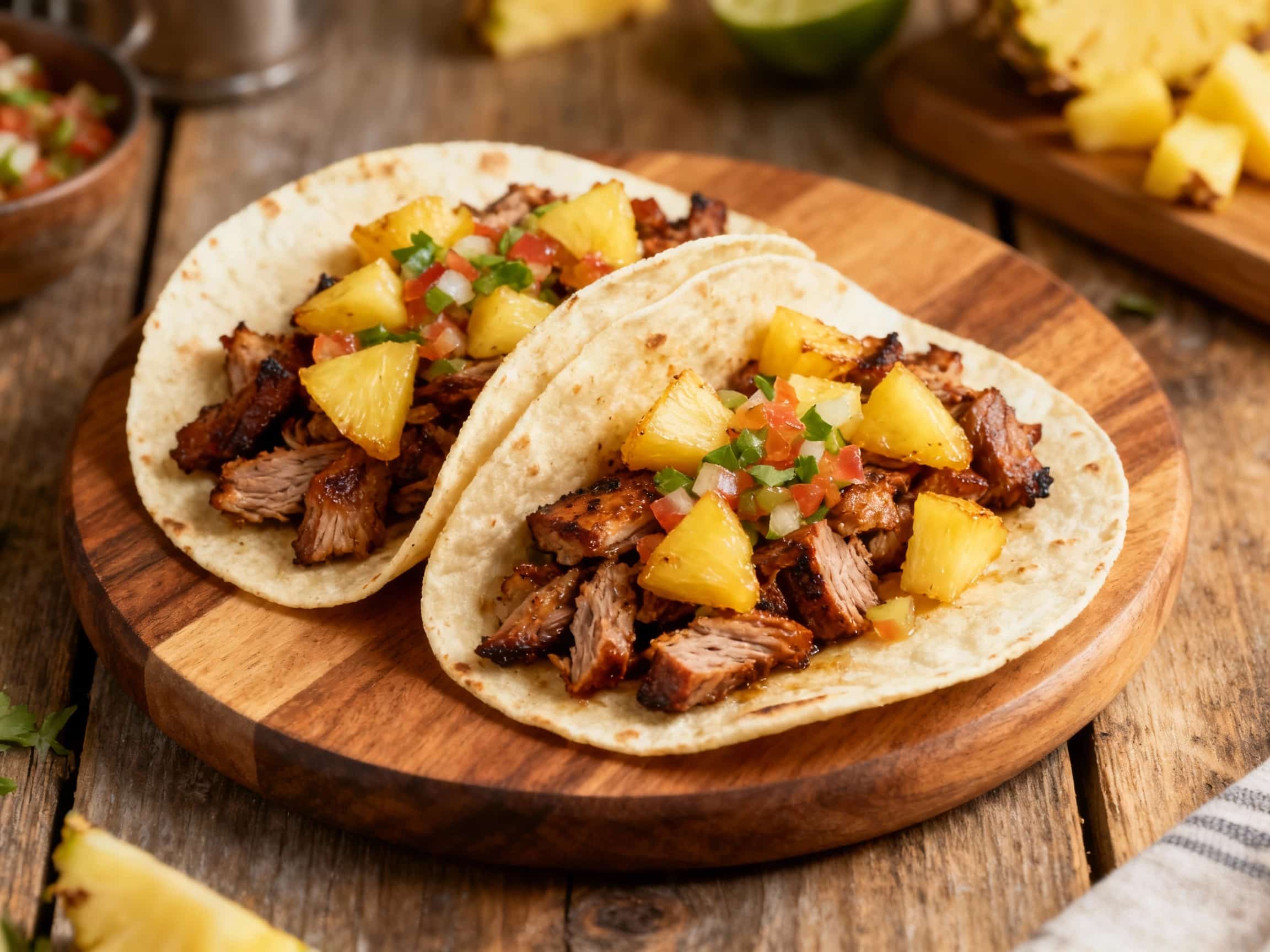 Tacos al pastor, marinated pork with hints of chile and achiote, are piled into warm tortillas and topped with a vibrant, fresh pineapple salsa, lime wedges, and cilantro for a bright and flavorful dish.