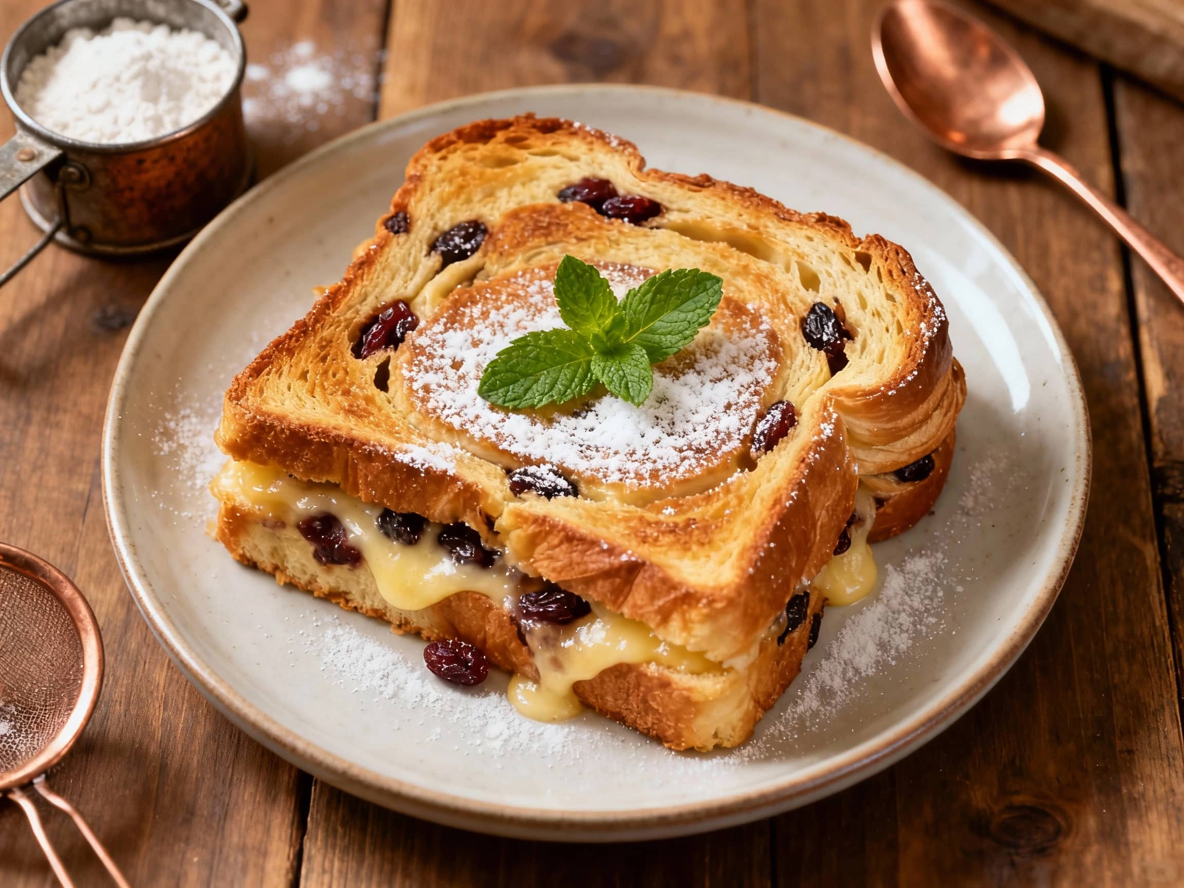 Golden brown French toast bake studded with juicy raisins, baked in a cast iron skillet and dusted with powdered sugar for a sweet, comforting breakfast.