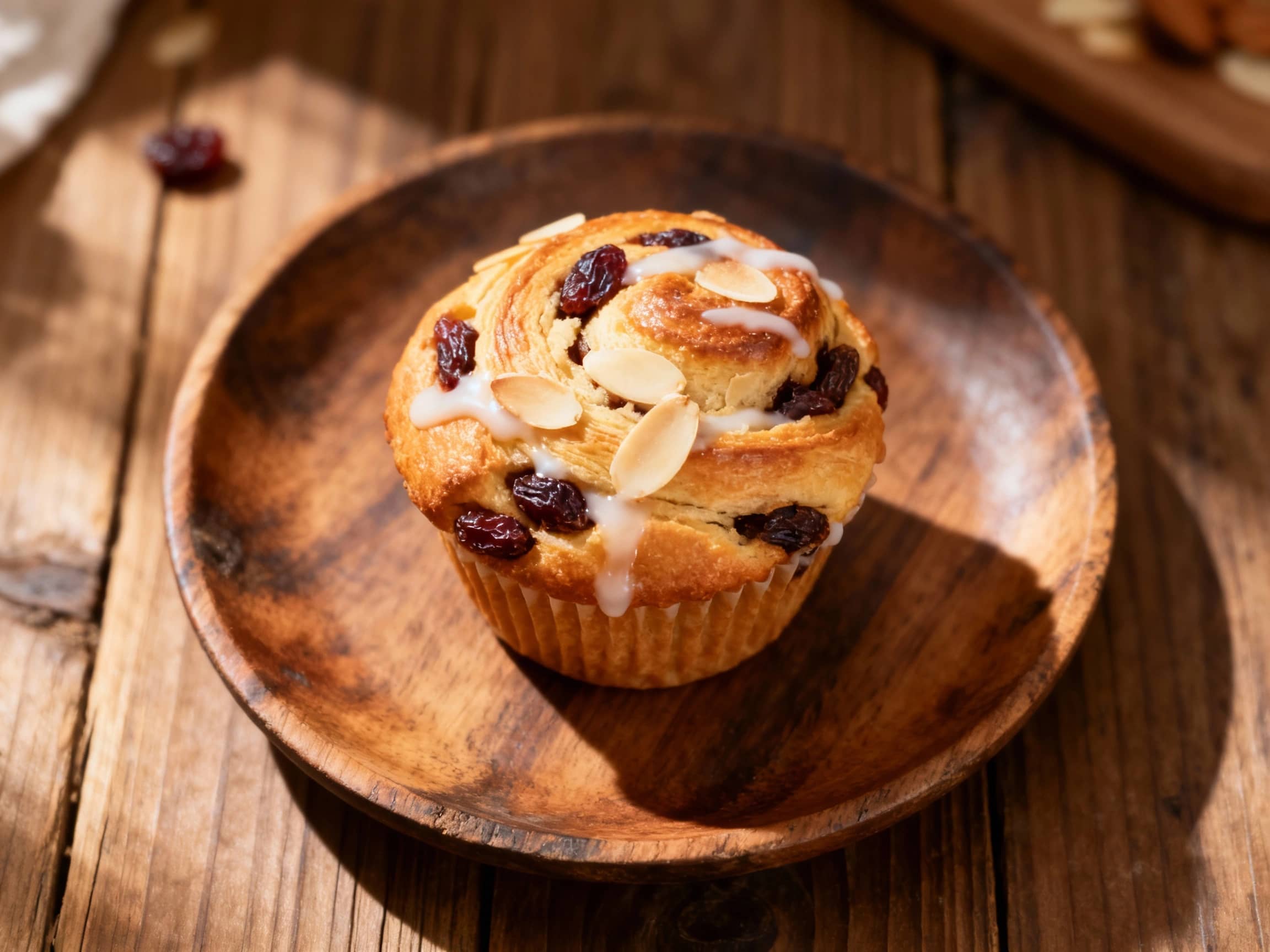 Golden-brown, individual muffins flecked with plump raisins are dusted with powdered sugar, showcasing a rustic, comforting presentation suitable for any breakfast spread.