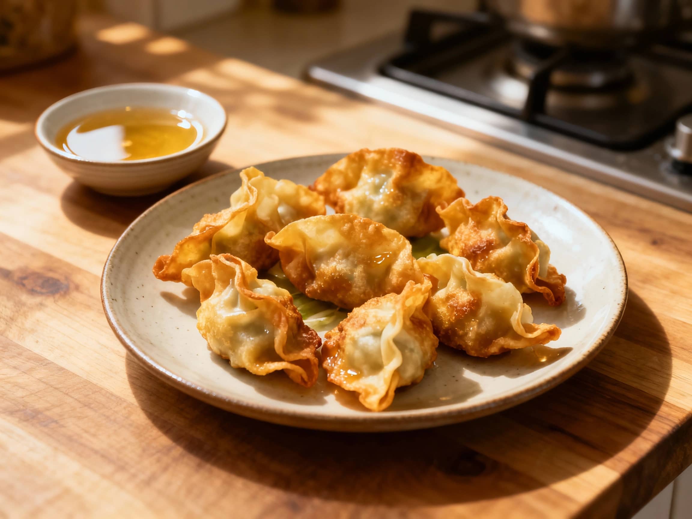 Golden brown, crispy wontons are arranged in a circle on a white plate, glistening under soft light, with a small dish of dark soy dipping sauce in the center.