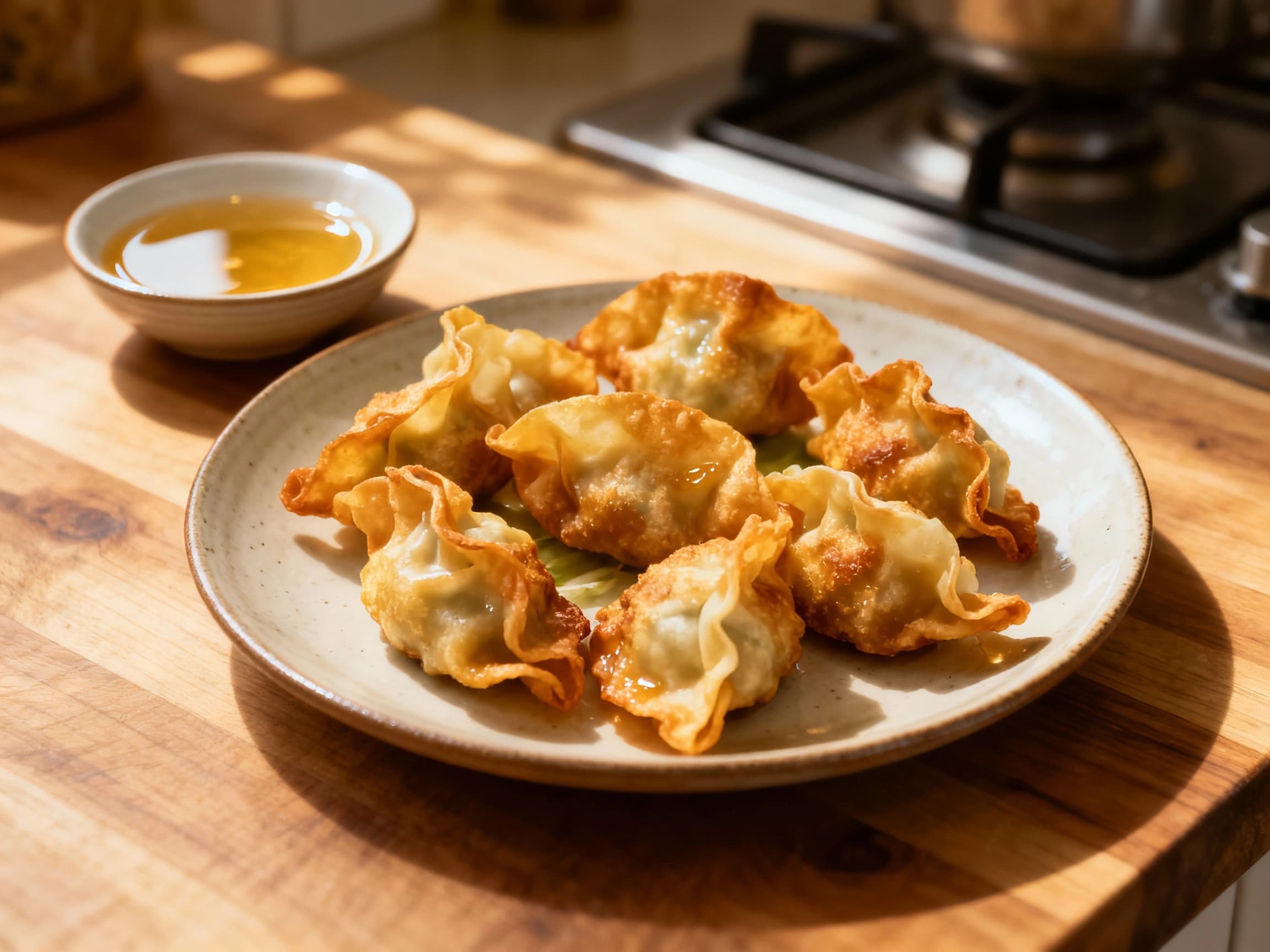 Pan-Fried Crispy Wontons with Dipping Sauce