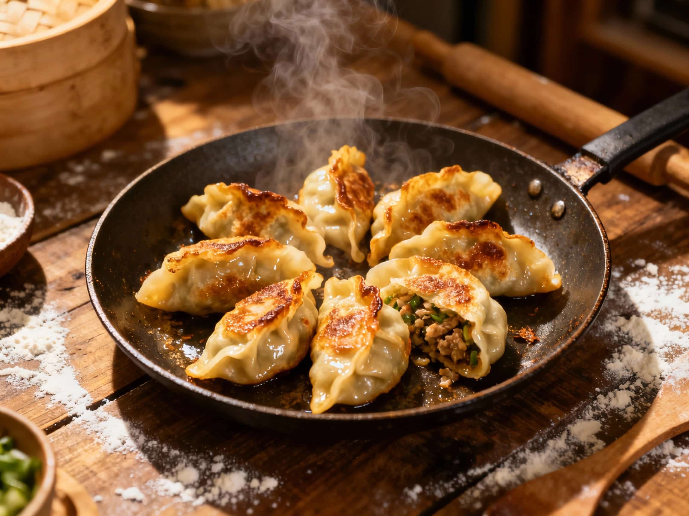 Golden-brown pan-fried pepper buns, crisp on the bottom and delightfully puffy, are arranged attractively on a white plate, ready to be enjoyed.