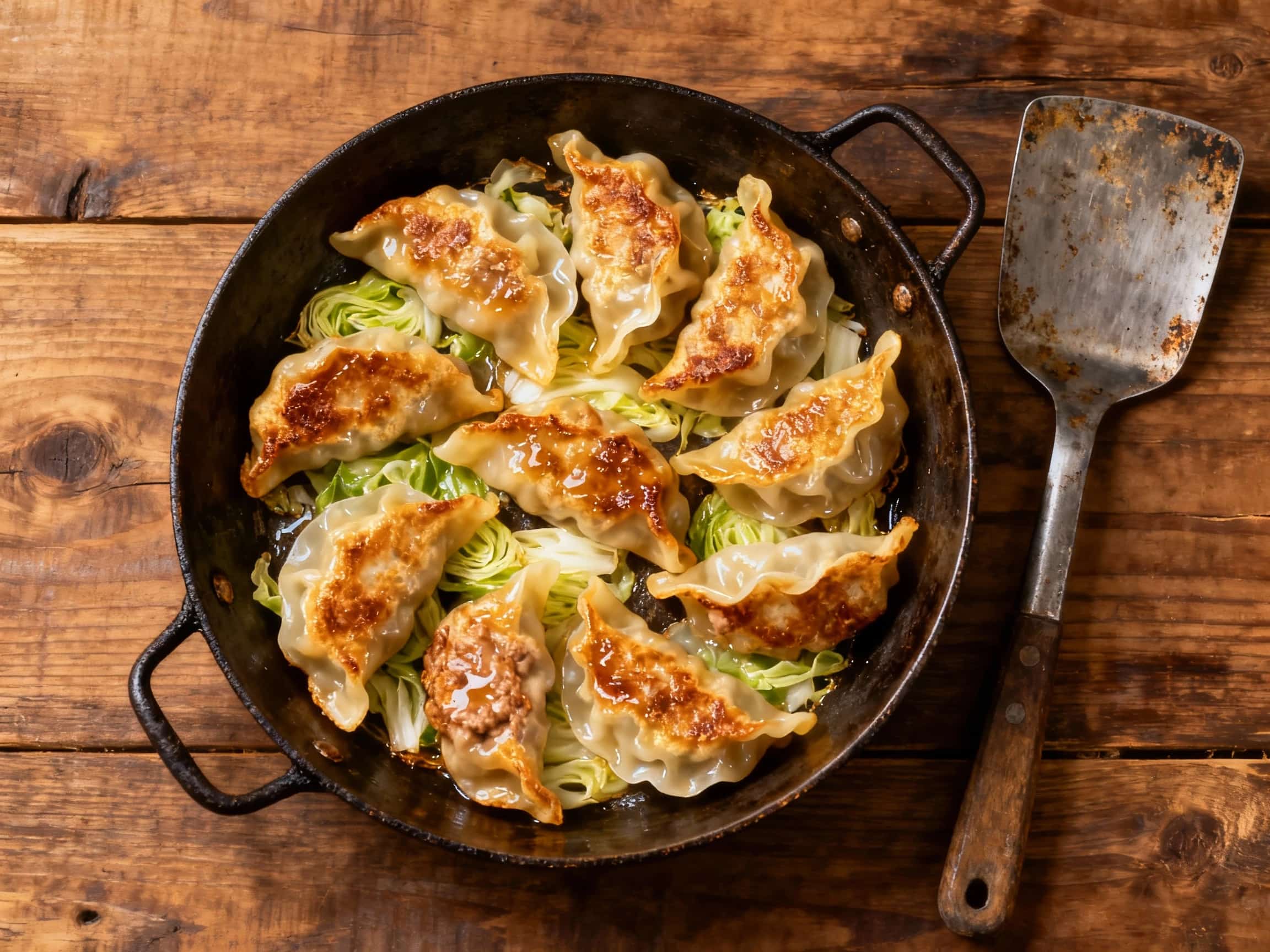 Golden-brown pan-fried pork and cabbage potstickers, artfully arranged on a white plate, are garnished with fresh cilantro and served with a side of dipping sauce.