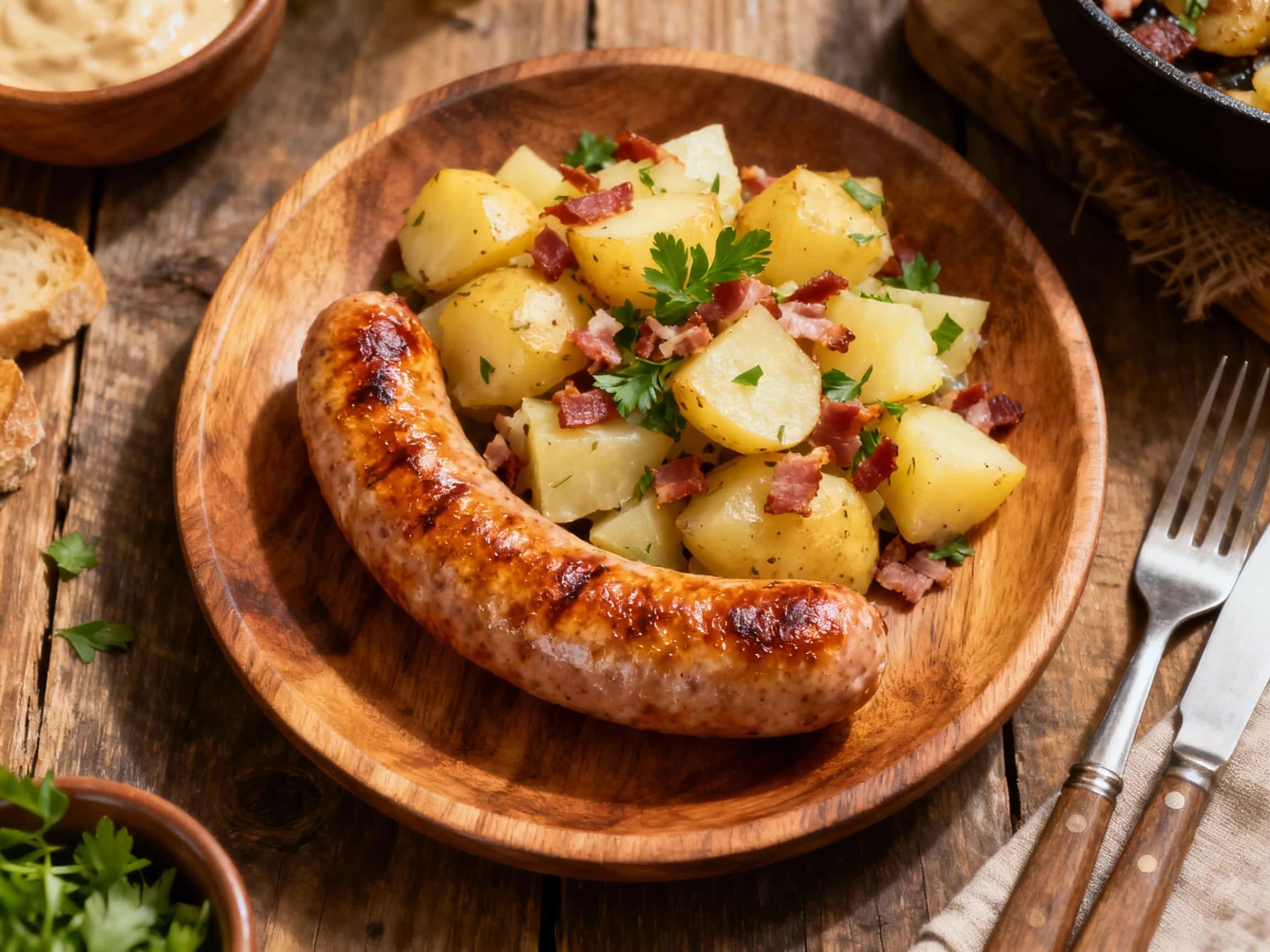 Pan-Roasted Thüringer Bratwurst with Warm German Potato Salad