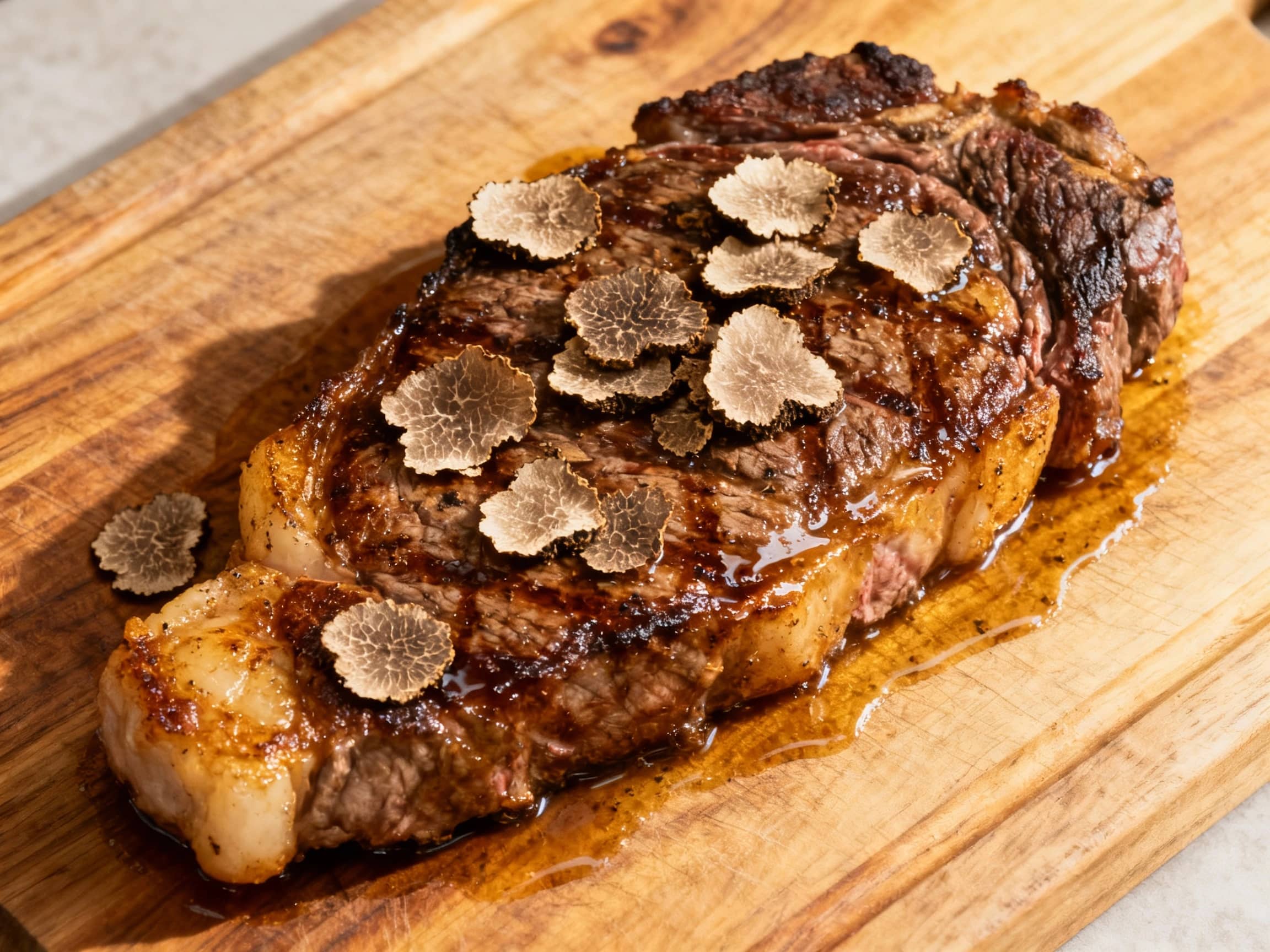 A perfectly seared Bistecca alla Fiorentina rests on a dark plate, generously topped with delicate truffle shavings and a sprinkle of fresh herbs.