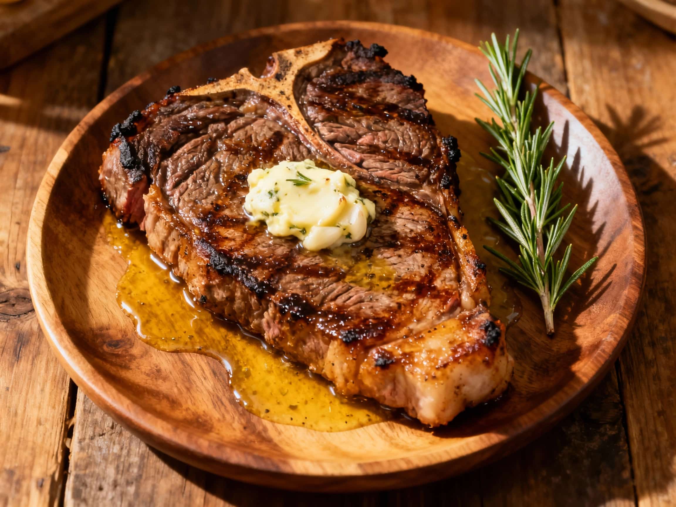 A thick, juicy Fiorentina steak is pan-seared to a perfect medium-rare and glistening with melted garlic butter, served on a rustic wooden board with a sprig of rosemary.