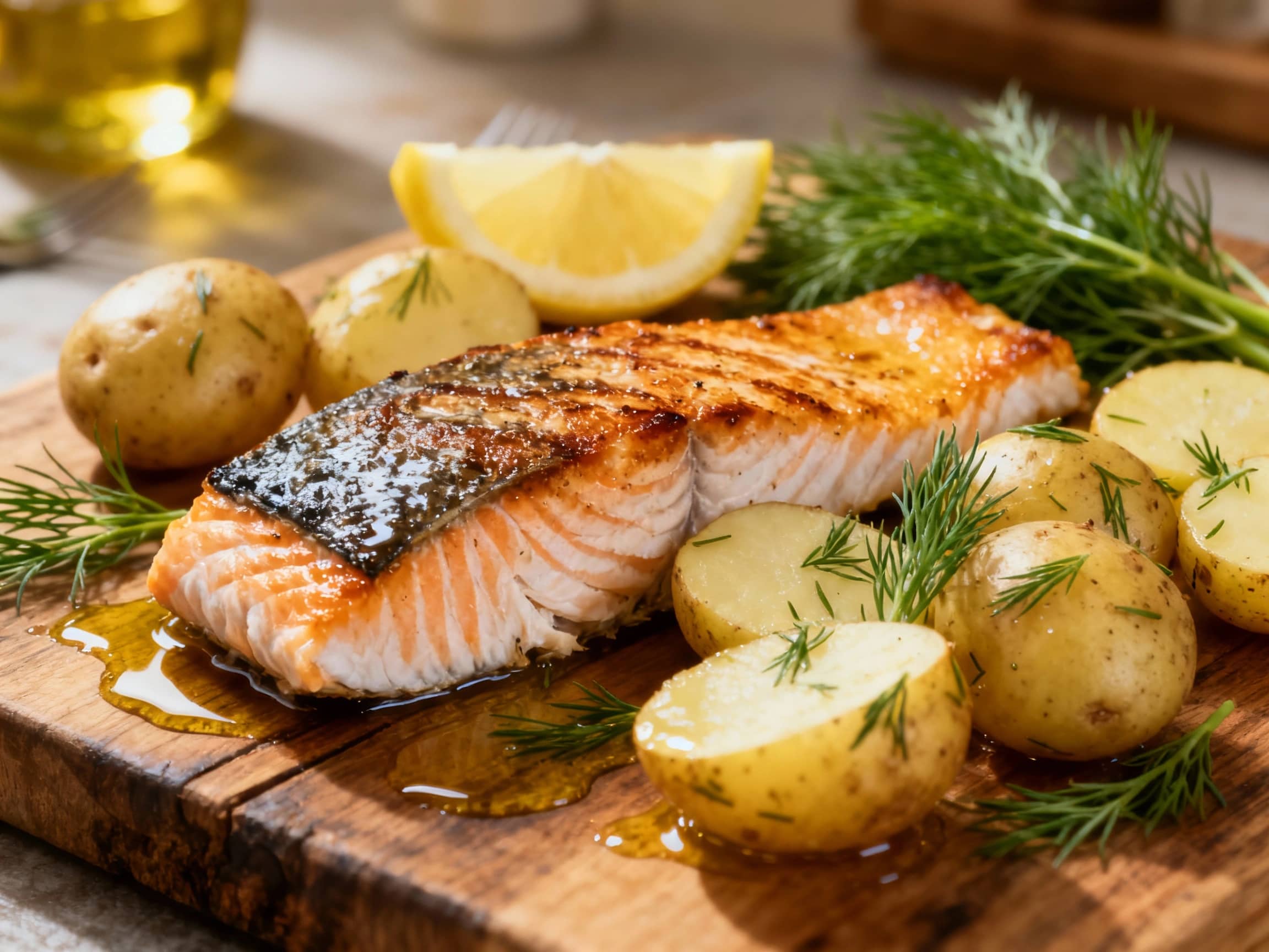 A beautiful fillet of pan-seared salmon with a golden-brown crust rests on a bed of bright, tender new potatoes tossed with fresh dill and lemon slices, ready for a delicious meal.