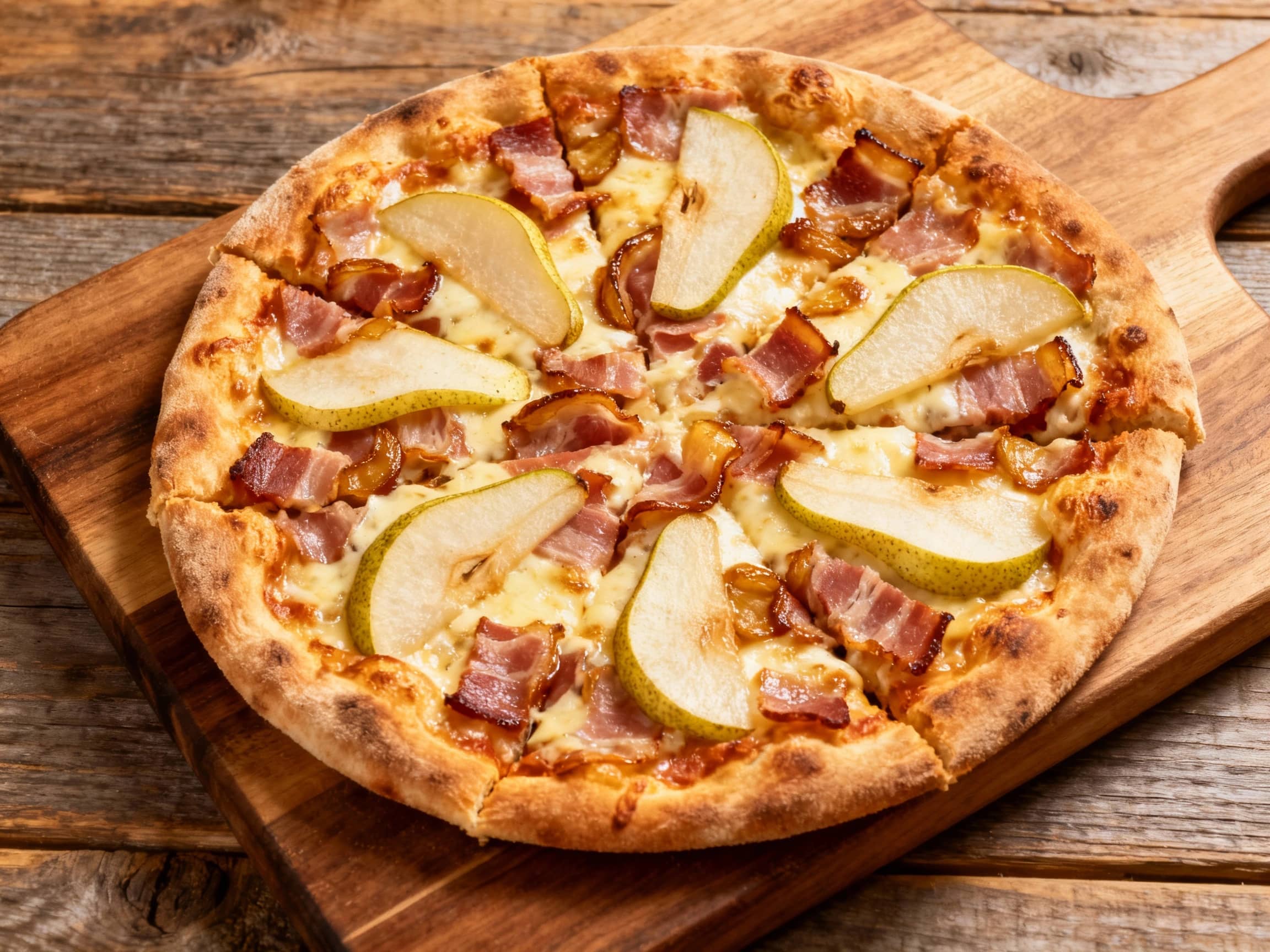 A rectangular Pizza al Taglio, warm from the oven, resting on a rustic wooden board. It's adorned with a golden, airy crust, topped with bubbling white and slightly browned mozzarella. Crispy, thinly sliced pancetta pieces are scattered alongside segments of soft, baked pear. A generous amount of fresh, green arugula is sprinkled over the top, and a sweet, shimmering drizzle of honey or balsamic g