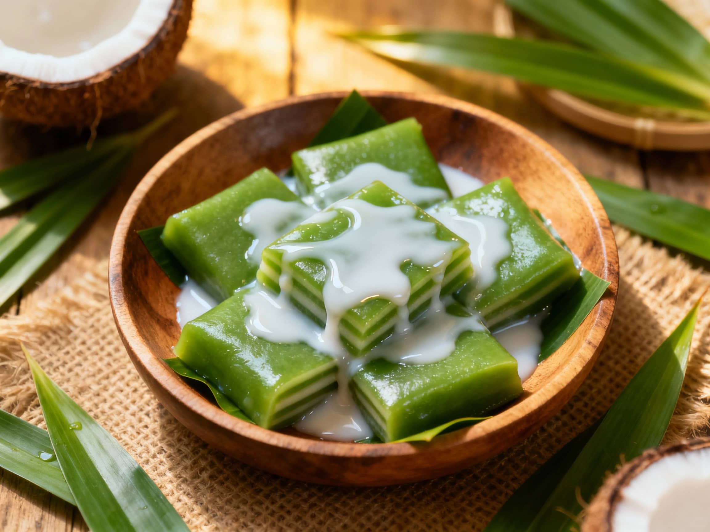 A vibrant green pandan cake, sliced and fanned out on a white plate, generously drizzled with creamy coconut syrup and garnished with fresh mint leaves.