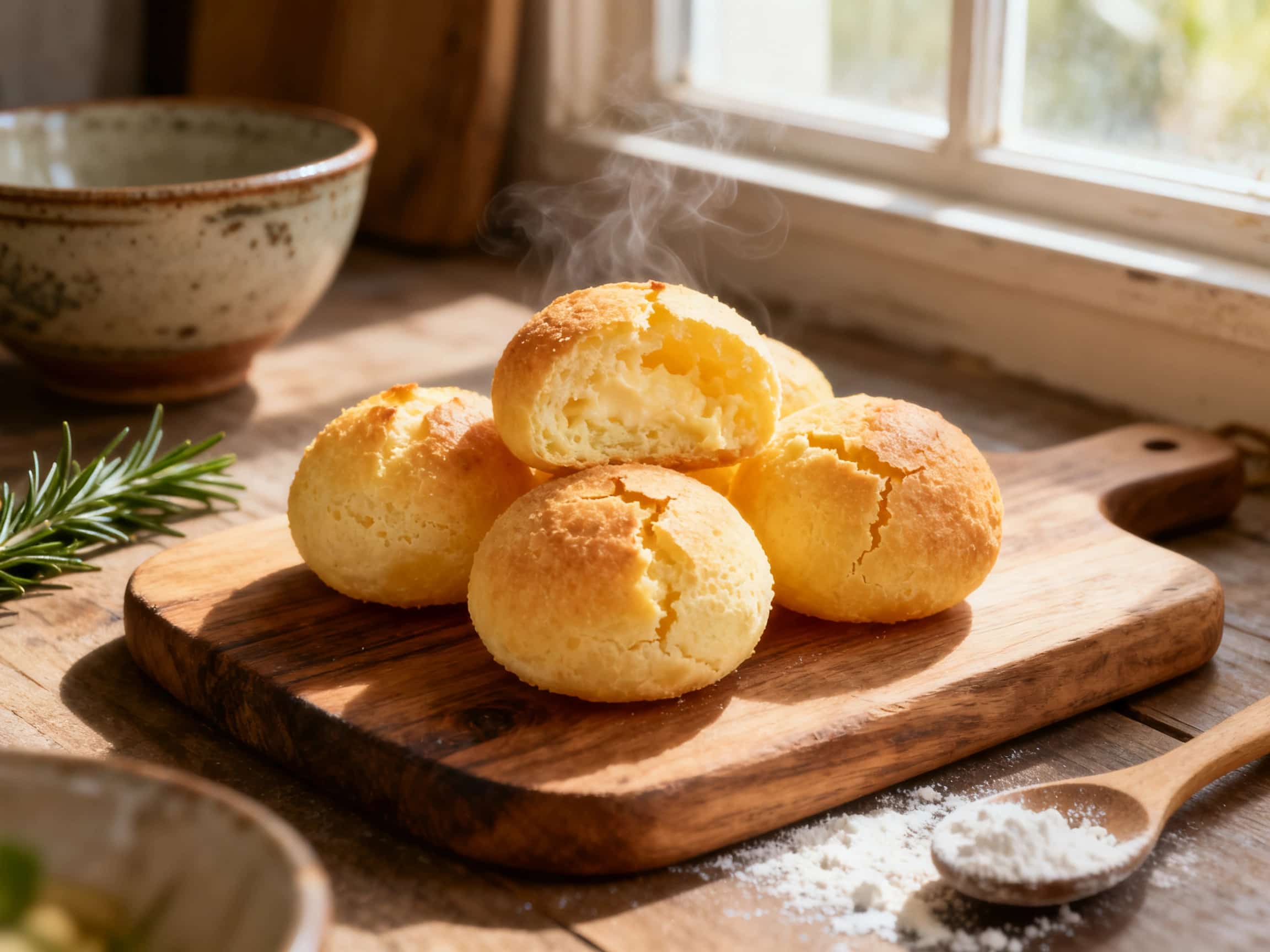 Close-up of golden-brown Pão de Queijo, Brazilian cheese bread, on a wooden board next to a cup of coffee, emphasizing its warm, freshly baked appeal and inviting texture.