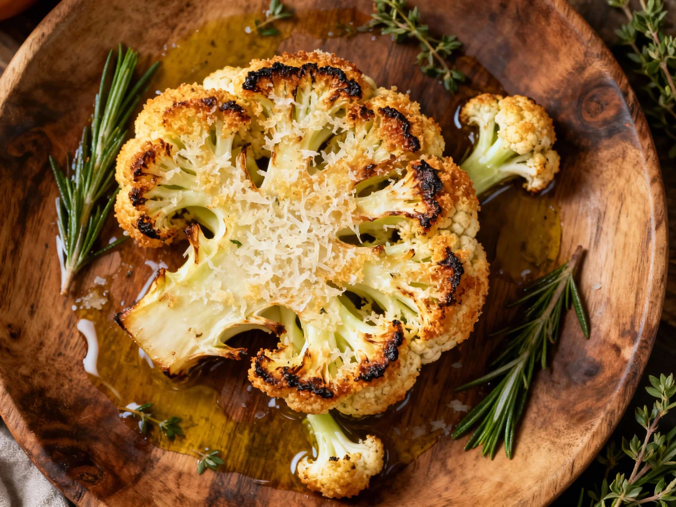 An inviting overhead view of three golden-brown Parmesan-crusted cauliflower steaks on a dark wooden cutting board. Each steak is generously coated with a crispy, savory crust made from Parmesan cheese and breadcrumbs, and features a tender, visible interior. Green flecks of fresh parsley are scattered over the dish, and a bright yellow lemon wedge sits nearby, suggesting a fresh squeeze of citrus
