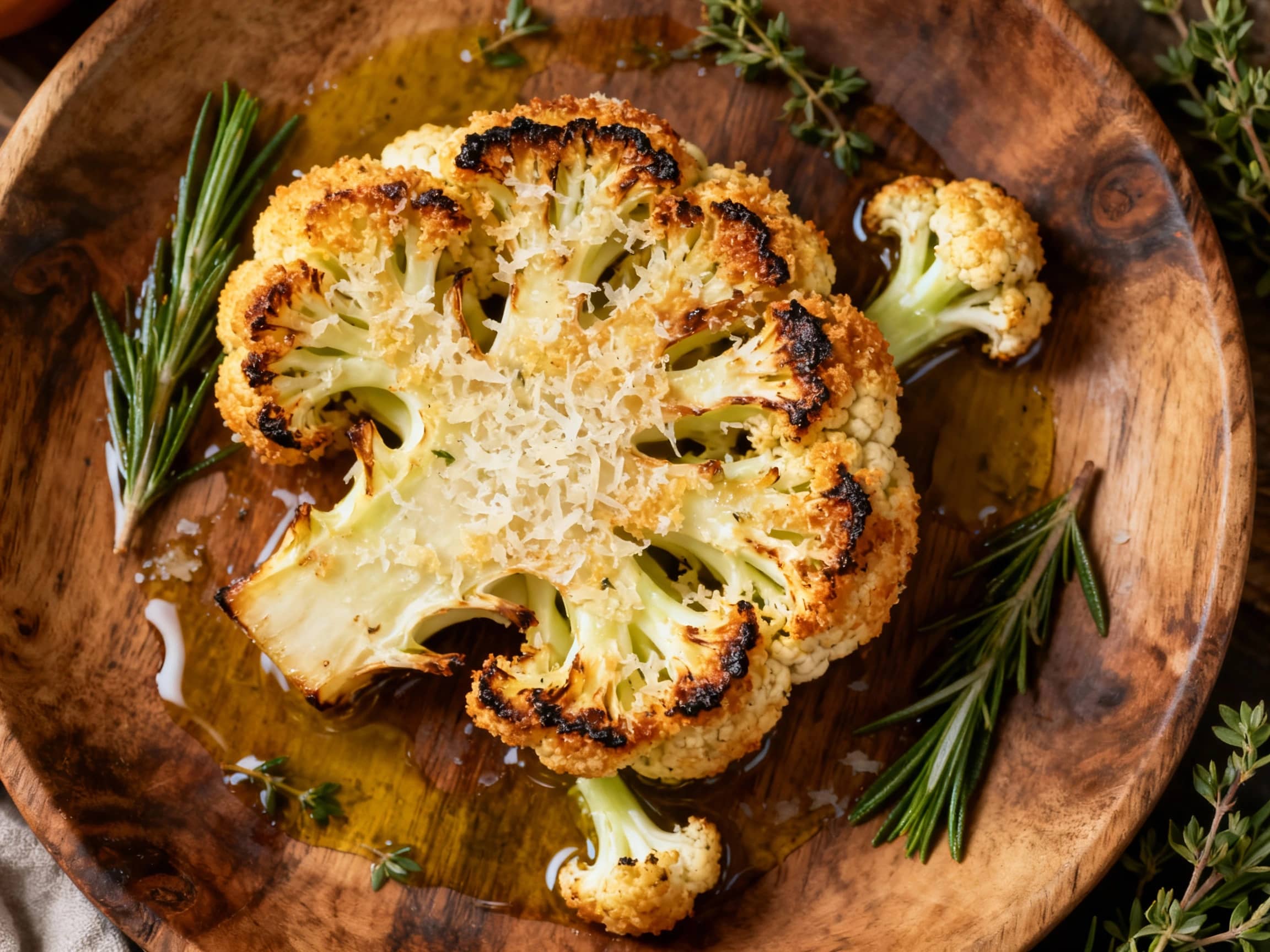 An inviting overhead view of three golden-brown Parmesan-crusted cauliflower steaks on a dark wooden cutting board. Each steak is generously coated with a crispy, savory crust made from Parmesan cheese and breadcrumbs, and features a tender, visible interior. Green flecks of fresh parsley are scattered over the dish, and a bright yellow lemon wedge sits nearby, suggesting a fresh squeeze of citrus