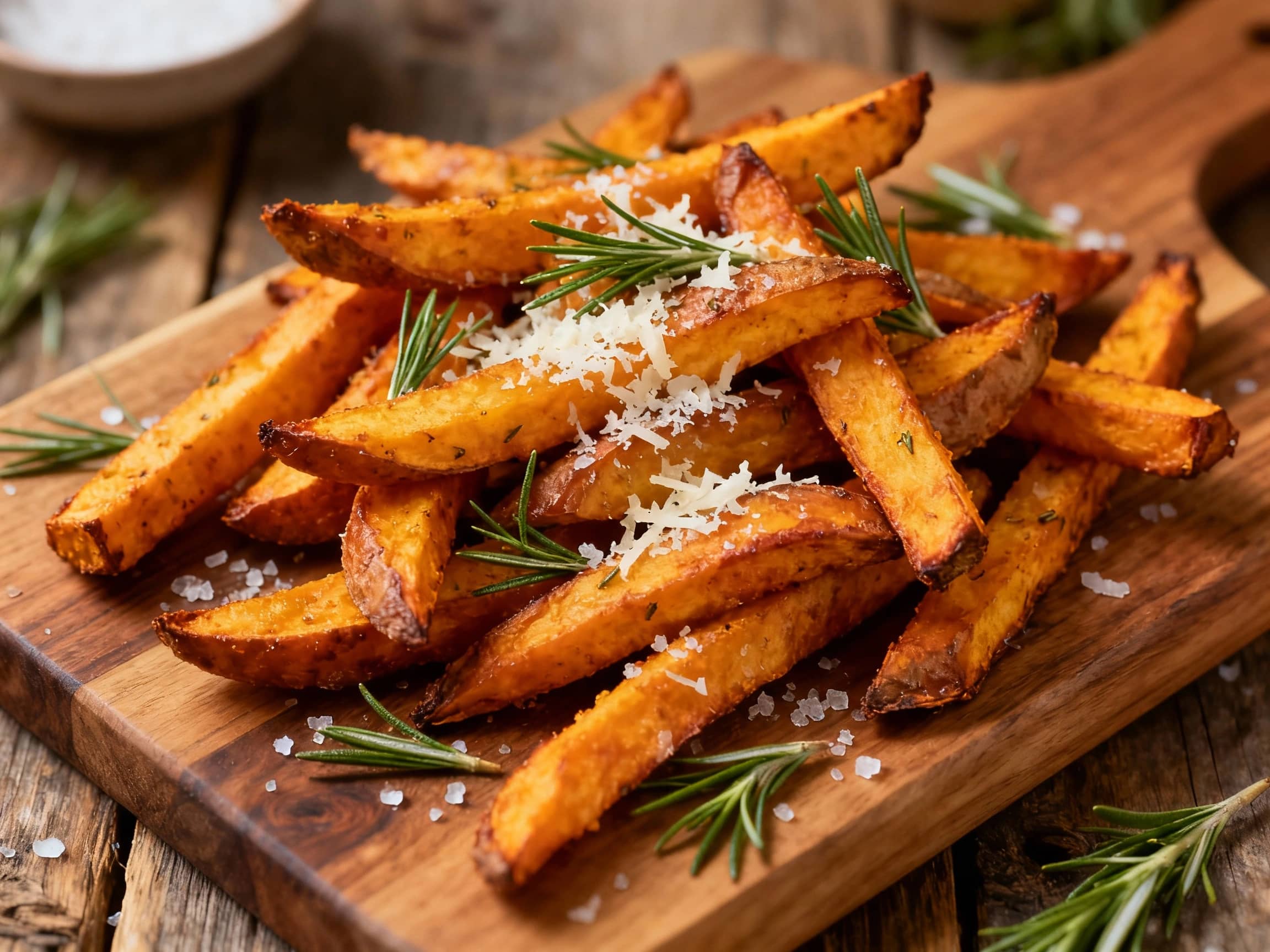 A close-up view of a rustic wooden board overflowing with golden, crispy oven-baked sweet potato fries. Each fry is speckled with freshly grated Parmesan cheese and finely chopped green rosemary, creating an enticing aroma. In the soft-focused background, a small white bowl of creamy aioli dipping sauce offers a perfect accompaniment to the savory-sweet fries. The lighting is warm and natural, sug