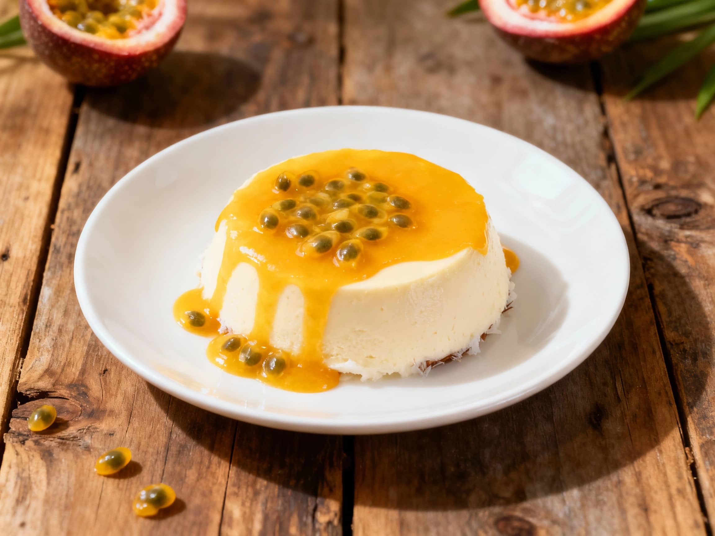 A beautifully plated dessert with a dual-toned passion fruit and coconut mousse gently resting on a bed of bright yellow mango coulis. The mousse, with its elegant marble pattern, is garnished with crunchy toasted coconut flakes and a delicate sprig of fresh mint, evoking a tropical and refined culinary experience.