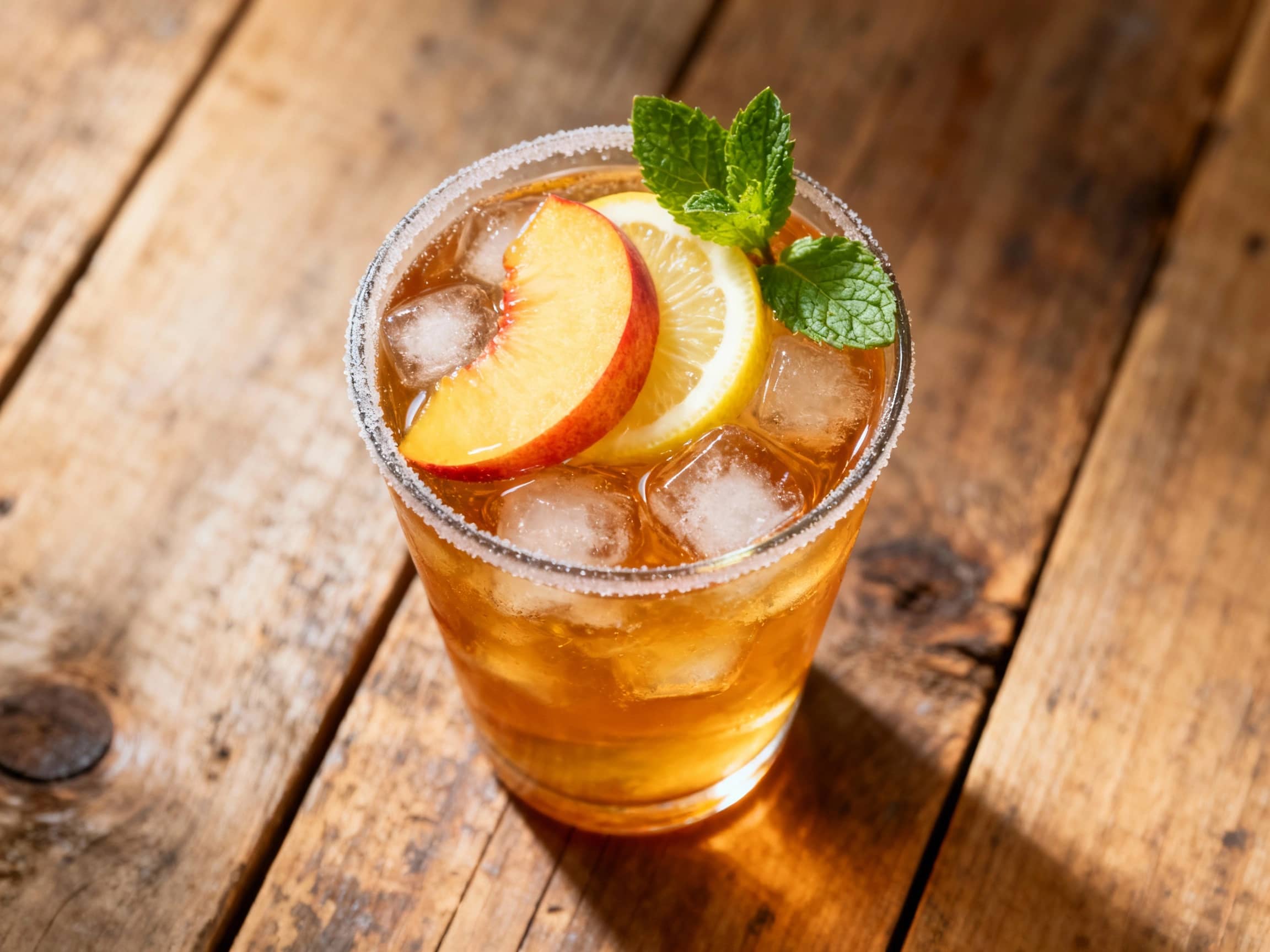 A tall glass of iced tea is filled with amber liquid, topped with fanned peach slices and a sprig of mint, catching the sunlight on a rustic wooden surface.
