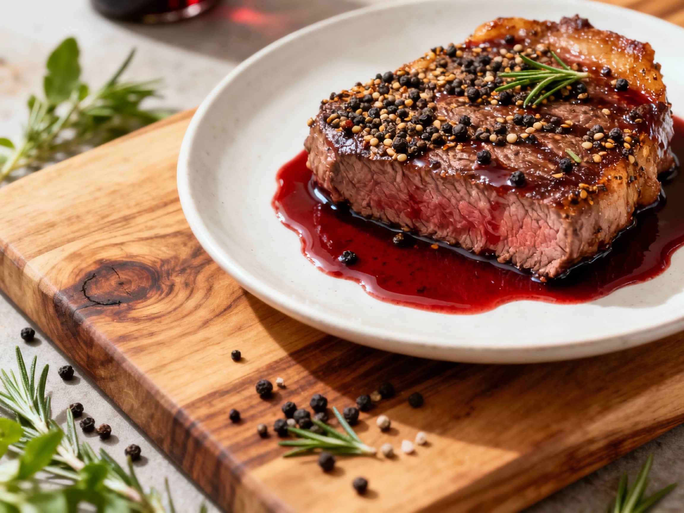 Peppercorn-Crusted Flat Iron Steak with Red Wine Reduction - Image 1