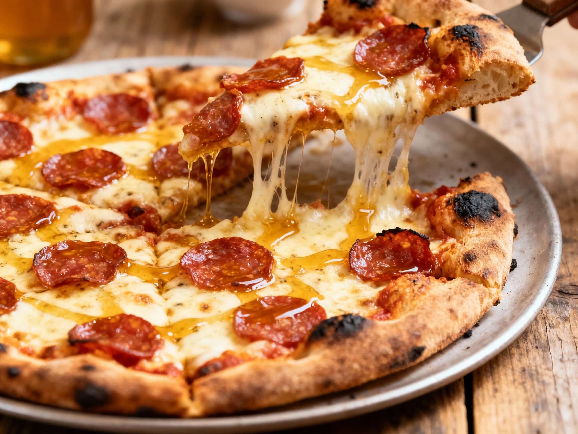A perfectly charred, coal-fired pizza topped with bubbly mozzarella, savory pepperoni slices, and a glistening drizzle of spicy hot honey.