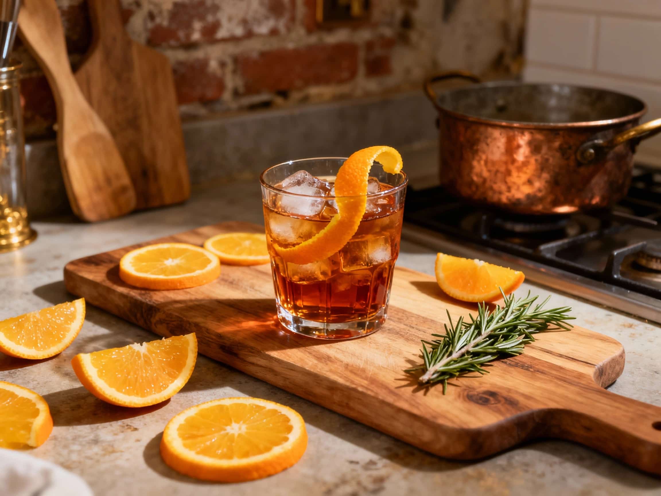 A vibrant, ruby-red Classic Negroni cocktail is presented in a heavy-bottomed rocks glass, resting on a lustrous dark wooden surface. A single, large, crystal-clear ice cube chills the drink, and condensation subtly beads on the outside of the glass. A carefully twisted and aromatic orange peel garnishes the rim, adding a vibrant contrast. The scene is bathed in soft, inviting light, suggesting an