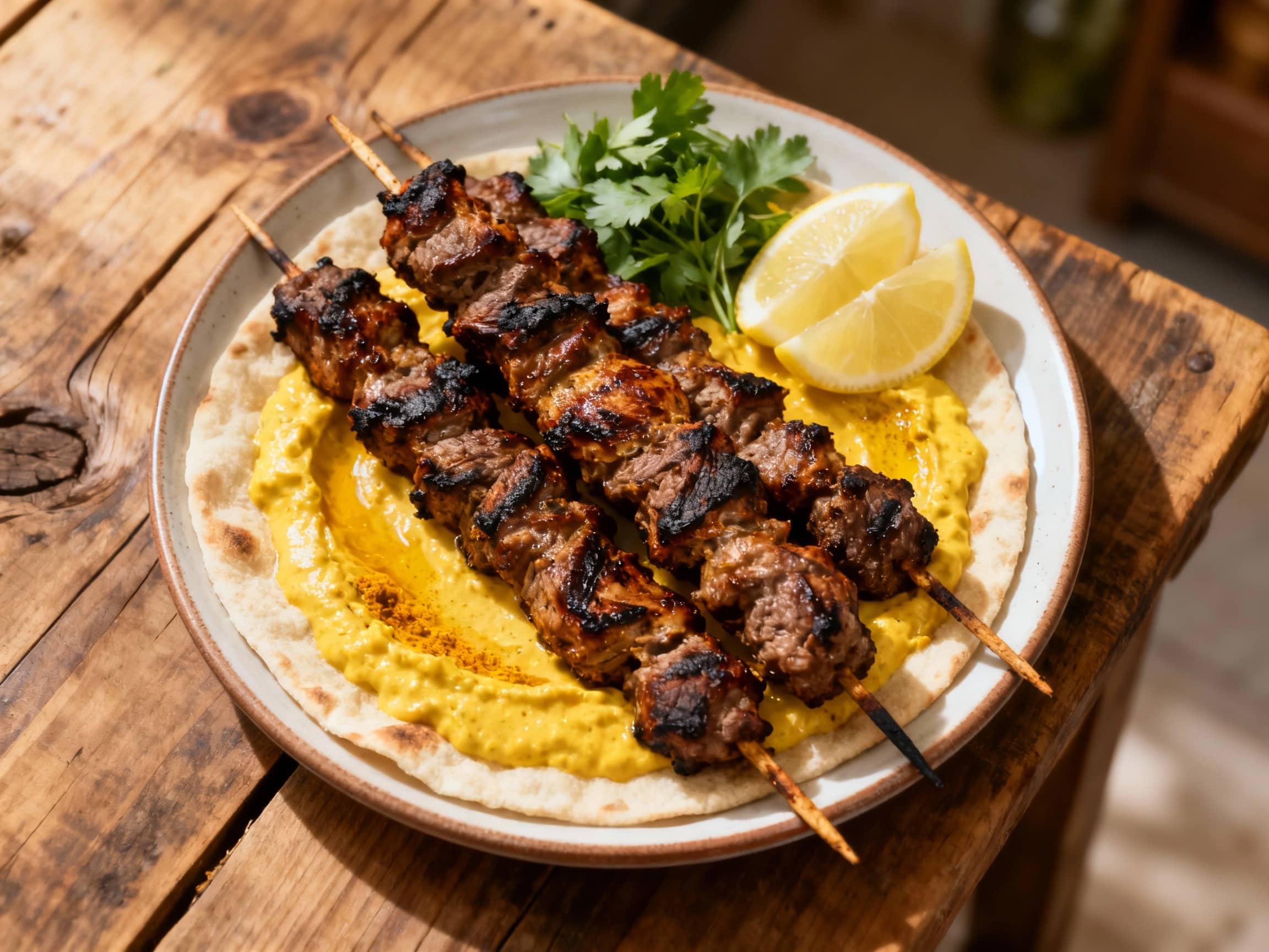 Juicy, lightly charred lamb kebabs are artfully arranged on a white platter, glistening with a rich saffron yogurt sauce and sprinkled with fresh parsley.
