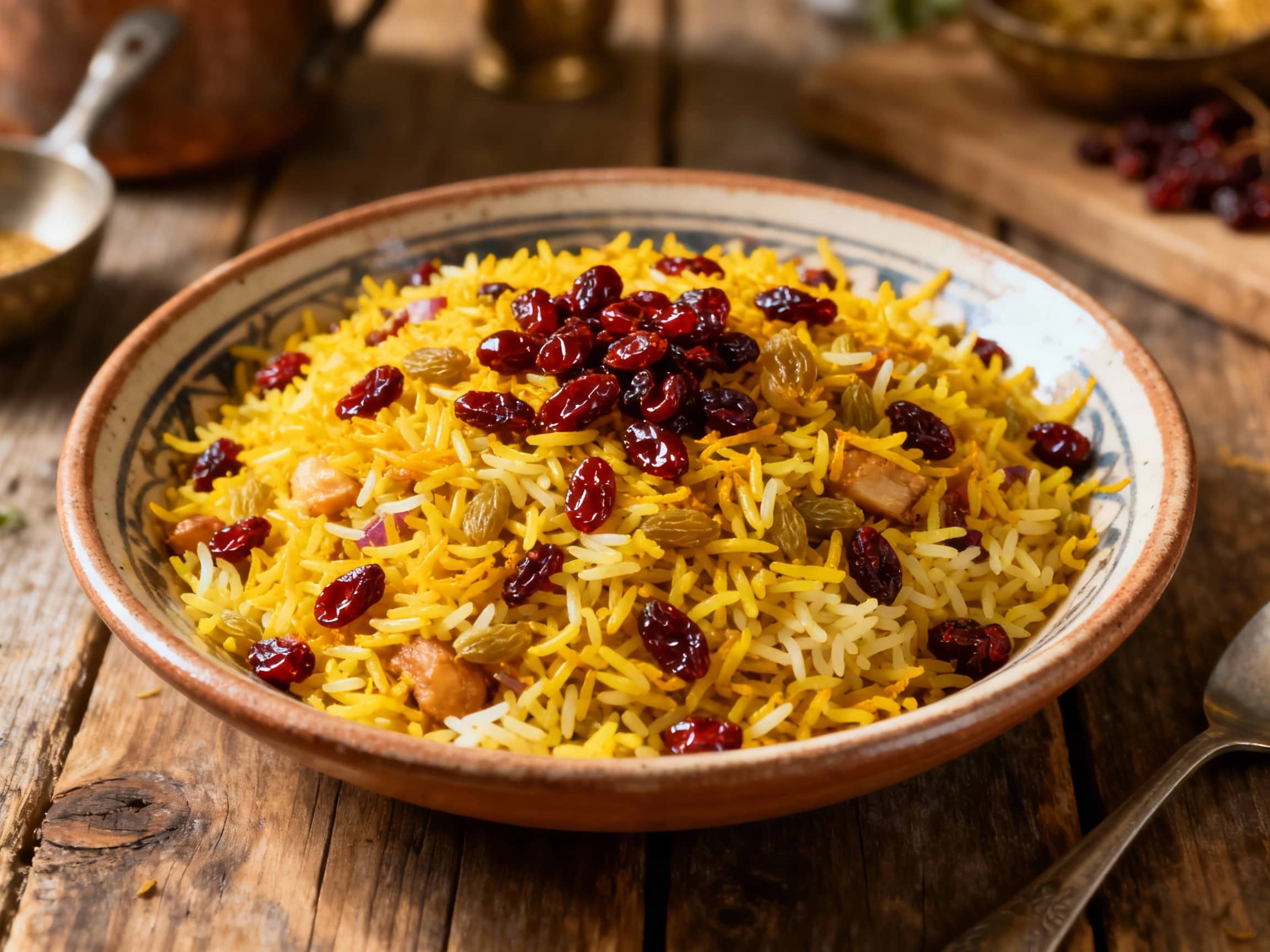 A vibrant mound of fluffy basmati rice is studded with glistening barberries, slivered pistachios, and toasted almonds, creating a visually stunning and flavorful Persian feast.