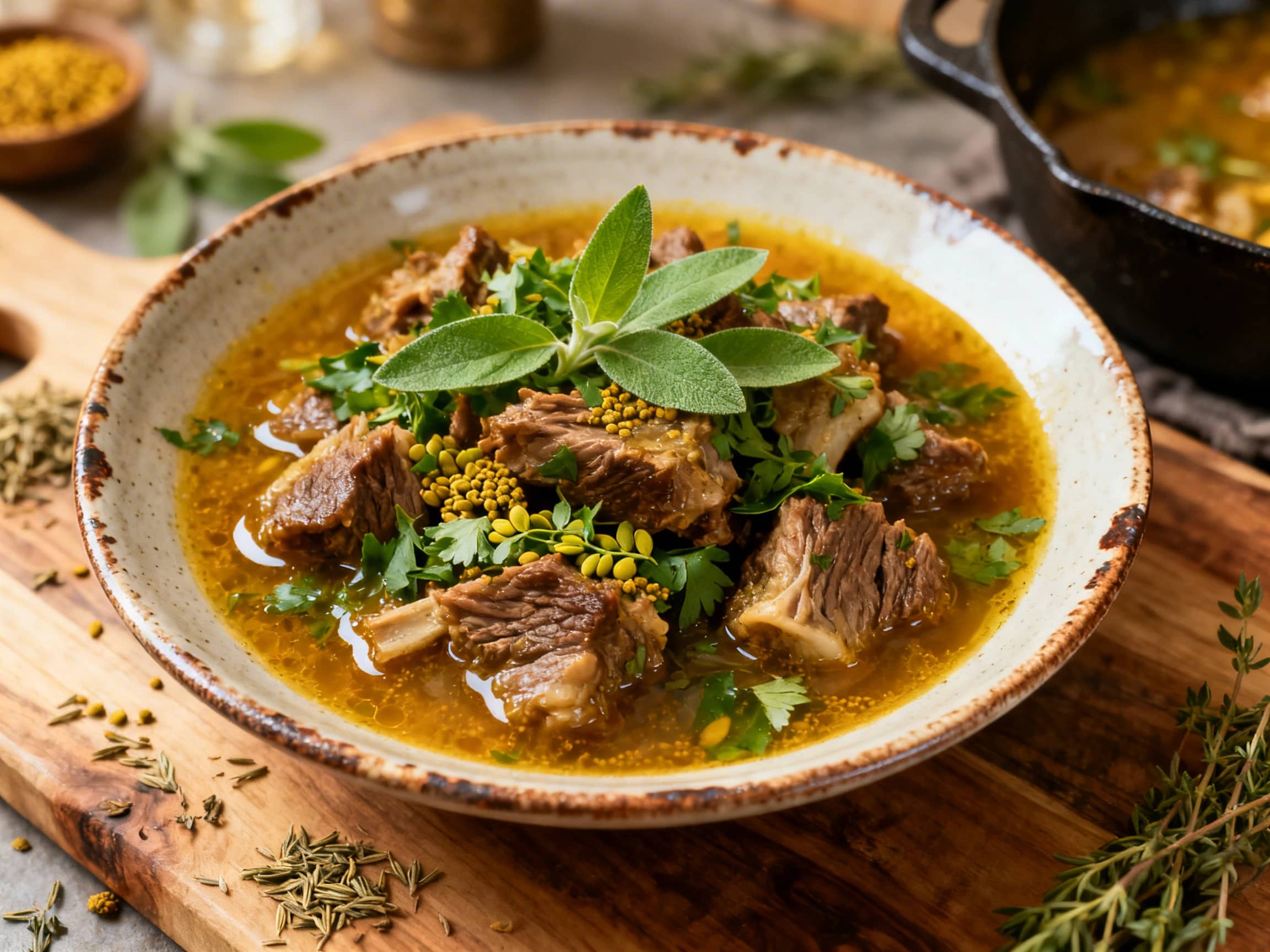 A close-up of a rich, dark green Persian Lamb Stew with Herbs and Fenugreek (Ghormeh Sabzi) presented in a deep ceramic bowl. Tender pieces of lamb and kidney beans are visible amidst the vibrant herb mixture. It's garnished with fresh lime slices and parsley, served alongside a mound of fluffy basmati rice on a rustic wooden table, exuding warmth and comfort.